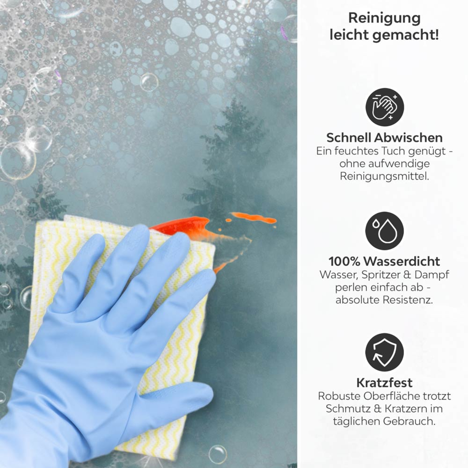 Küchenrückwand Platte Tannenwald im Nebel Produktdetailbild 3: Reinigung leicht gemacht!