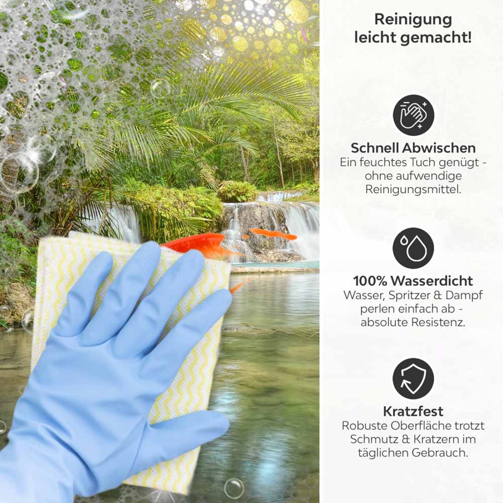 Küchenrückwand Platte Wasserfall im Regenwald Produktdetailbild 3: Reinigung leicht gemacht!