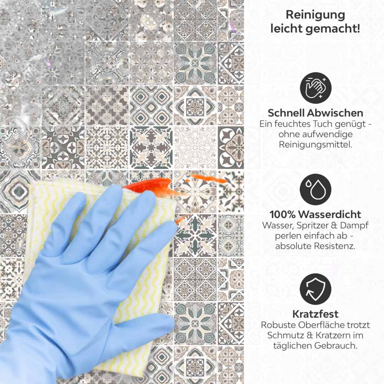 Küchenrückwand Platte Patchwork‑Design in Sandtönen Produktdetailbild 3: Reinigung leicht gemacht!