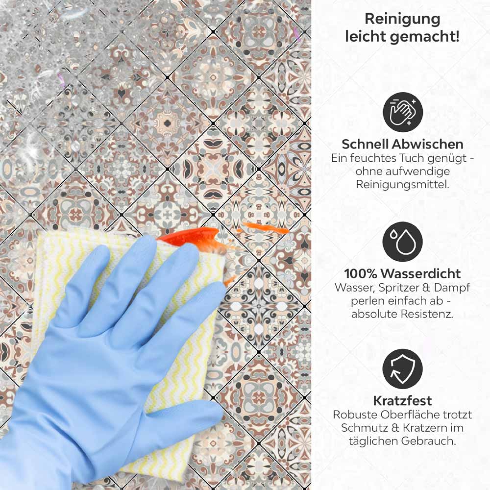 Küchenrückwand Platte Shabby‑Chic Kacheloptik Produktdetailbild 3: Reinigung leicht gemacht!