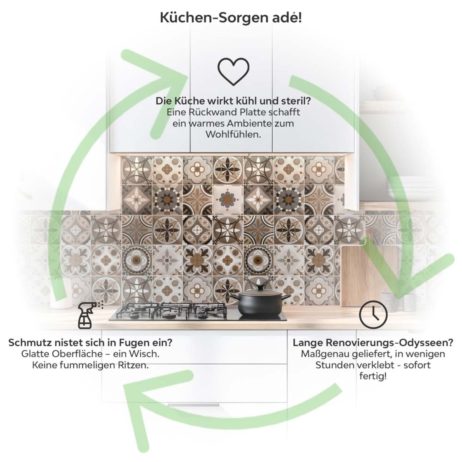 Küchenrückwand Platte Rustikales Patchwork in warmen Brauntönen Produktdetailbild 1: Küchen-Sorgen ade!