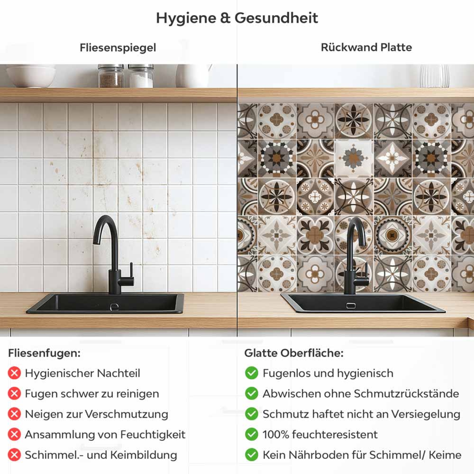 Küchenrückwand Platte Rustikales Patchwork in warmen Brauntönen Produktdetailbild 2: Hygiene und Gesundheit!