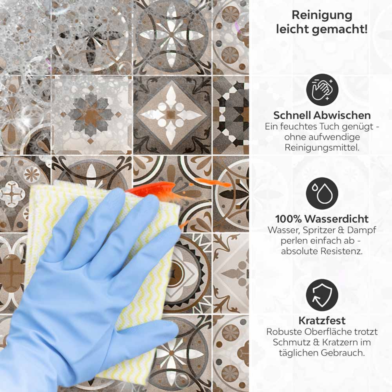 Küchenrückwand Platte Rustikales Patchwork in warmen Brauntönen Produktdetailbild 3: Reinigung leicht gemacht!