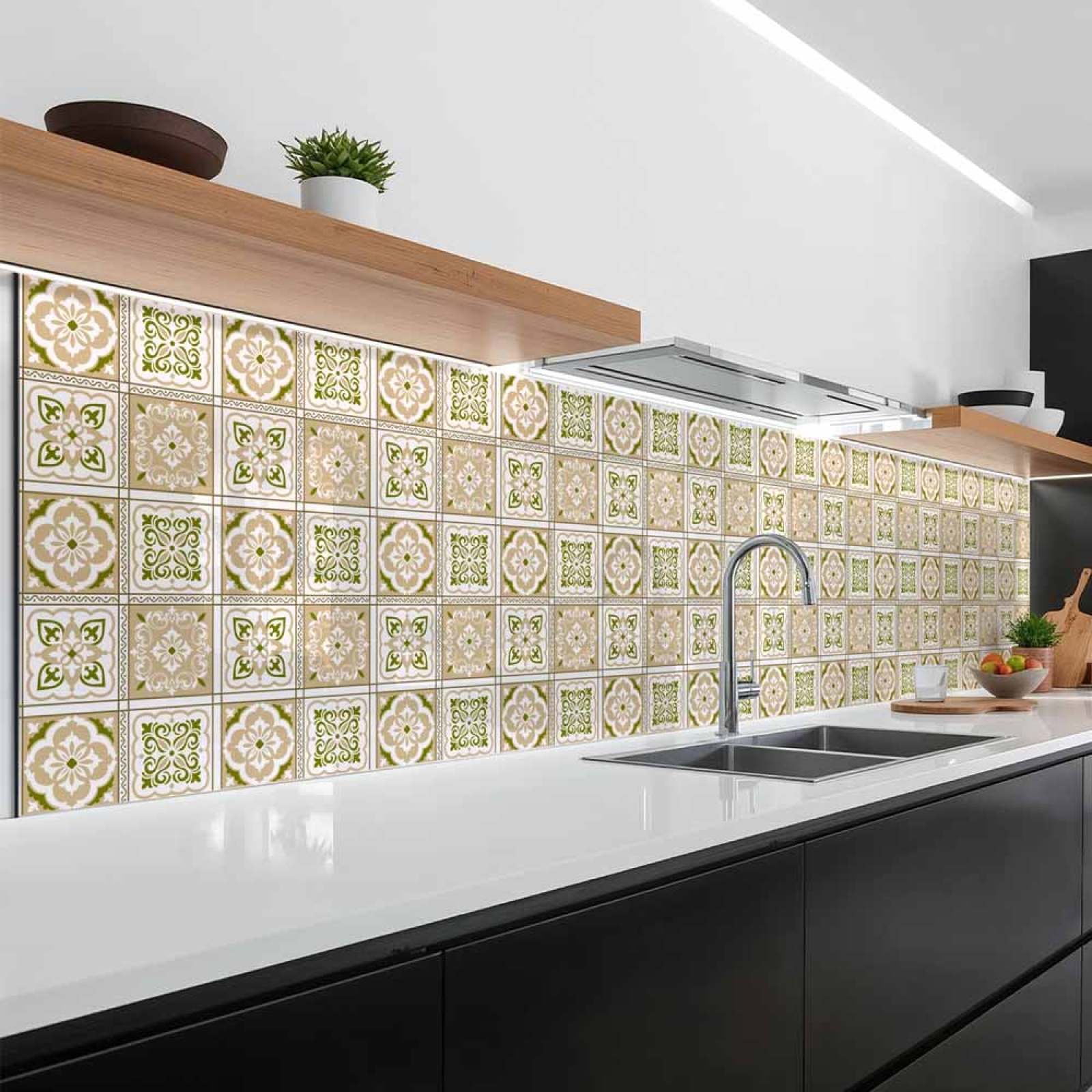 Küchenrückwand Platte Beige Grüne Fliesen im Vintage Look Artikelbild 1