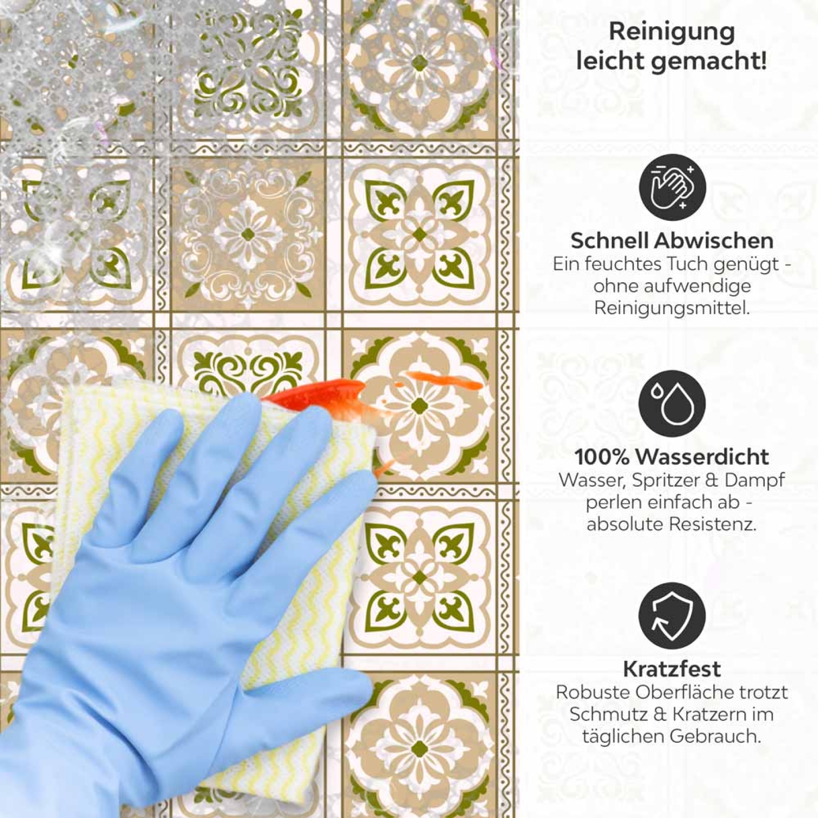 Küchenrückwand Platte Beige Grüne Fliesen im Vintage Look Produktdetailbild 3: Reinigung leicht gemacht!