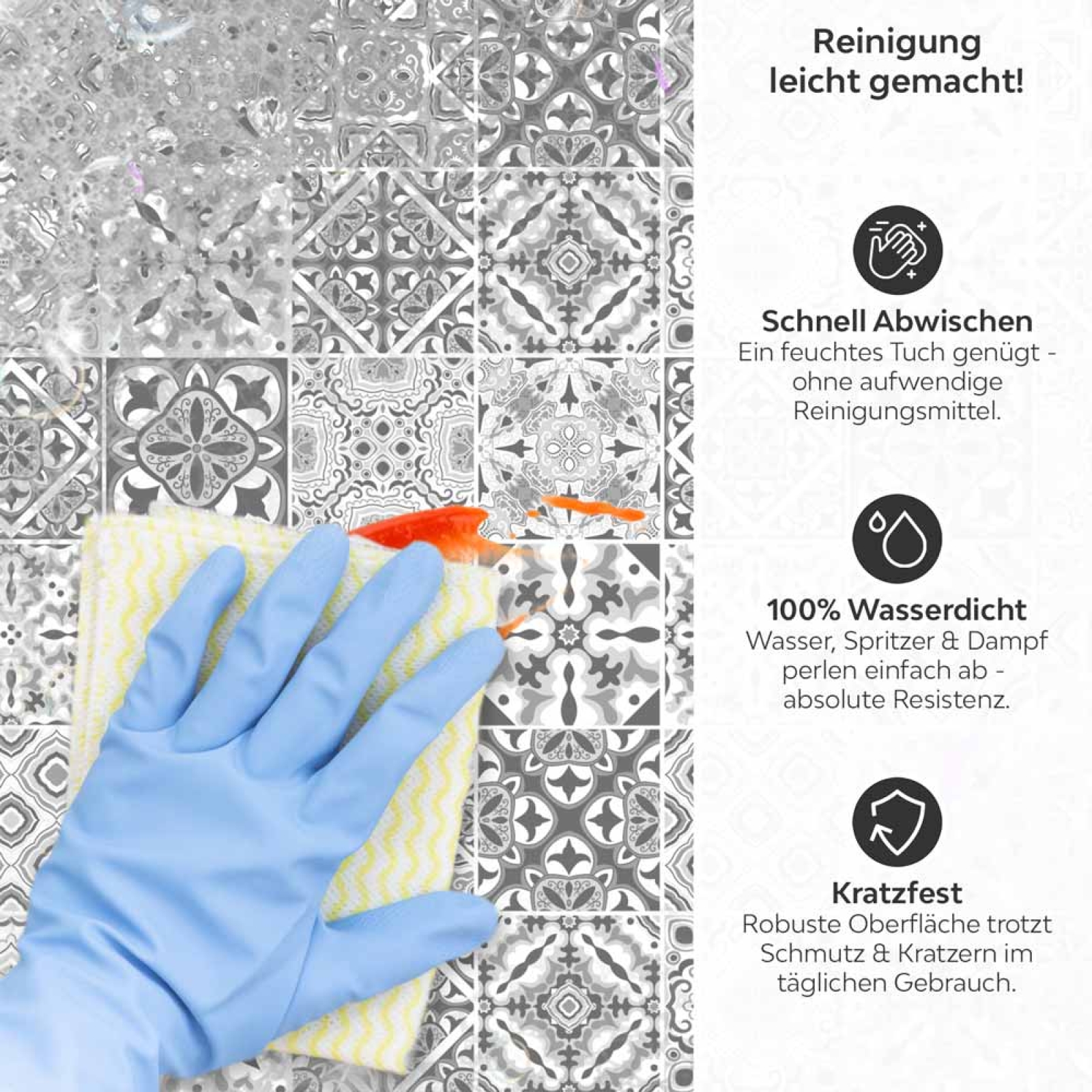 Küchenrückwand Platte Graue Kacheloptik im Azulejo‑Muster Produktdetailbild 3: Reinigung leicht gemacht!