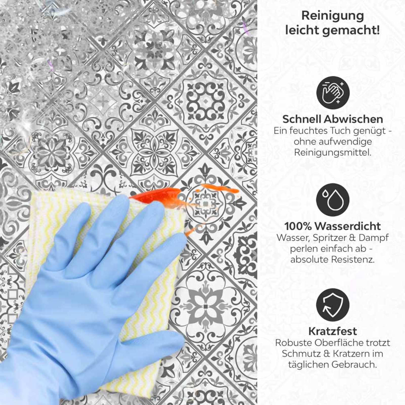 Küchenrückwand Platte Diagonales Graues Rautenmuster Produktdetailbild 3: Reinigung leicht gemacht!