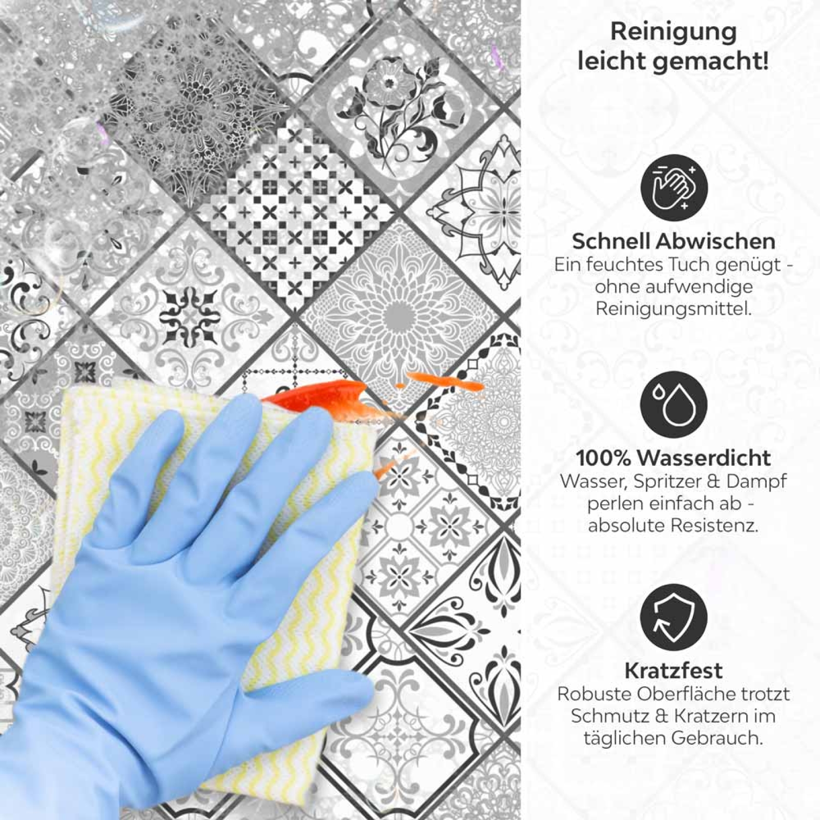 Küchenrückwand Platte Monochrome Rauten Kacheln im Azulejo‑Look Produktdetailbild 3: Reinigung leicht gemacht!