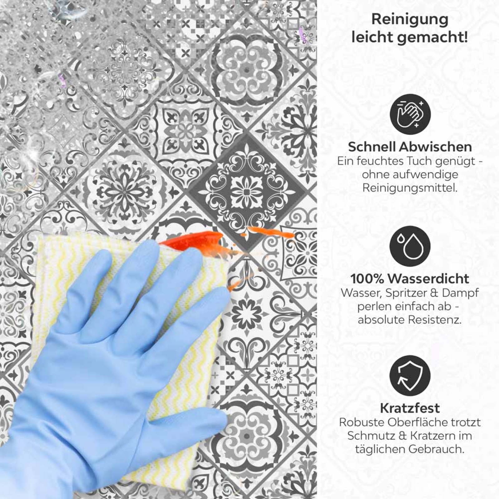 Küchenrückwand Platte Portugiesische Raute Kacheln in Grau Produktdetailbild 3: Reinigung leicht gemacht!