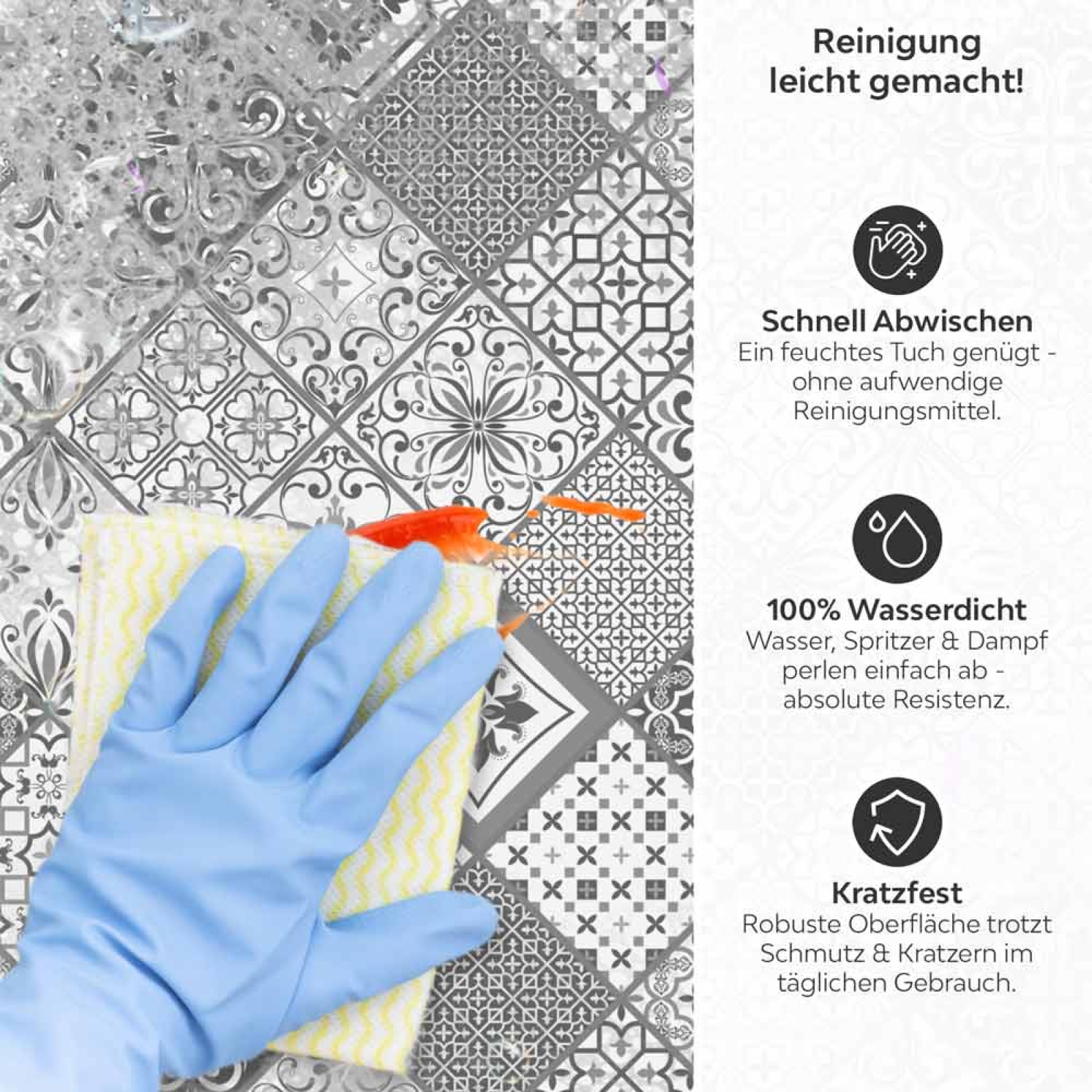 Küchenrückwand Platte Monochrome Azulejo‑Rauten in Grau Produktdetailbild 3: Reinigung leicht gemacht!