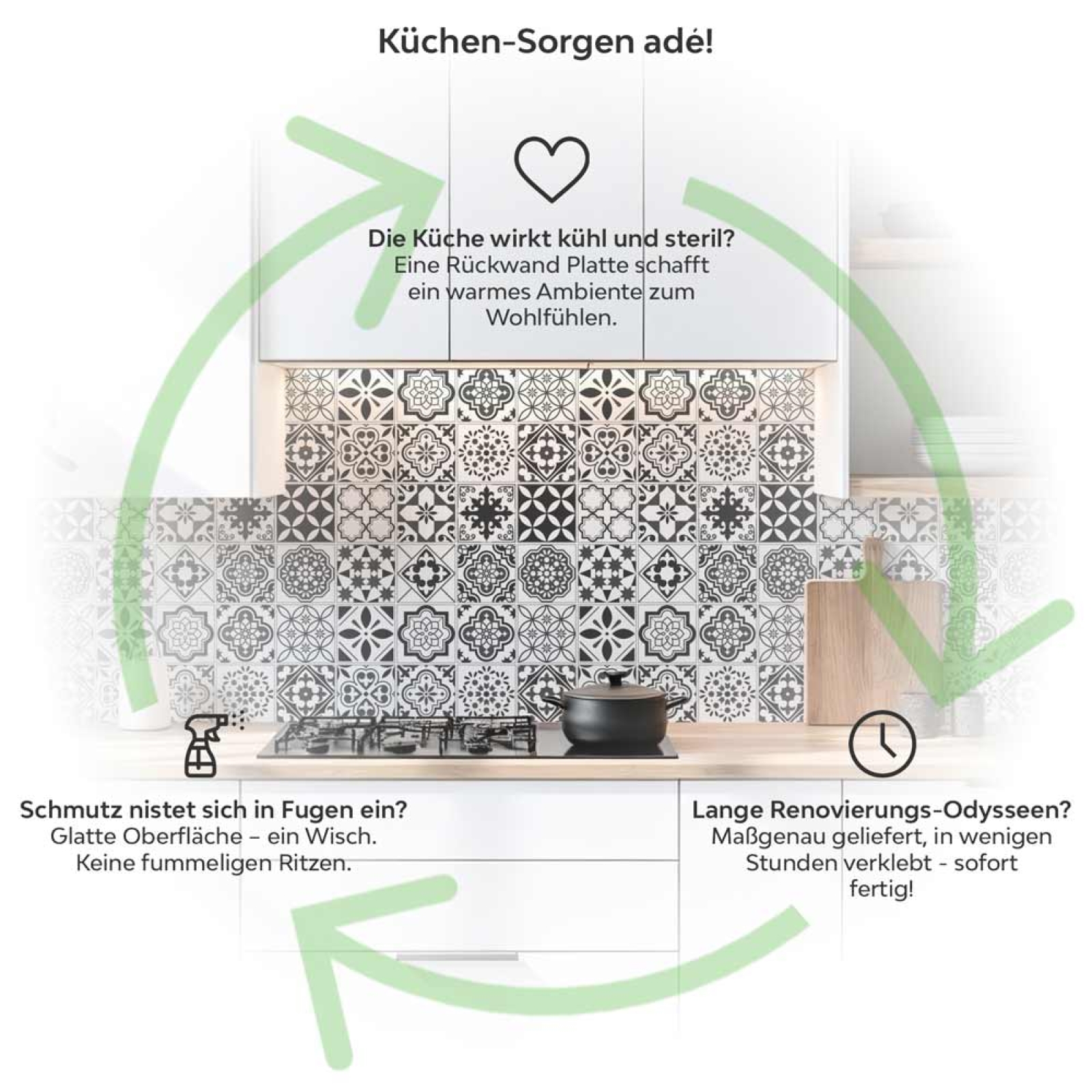Küchenrückwand Platte Fliesenornamente in Grautönen Produktdetailbild 1: Küchen-Sorgen ade!