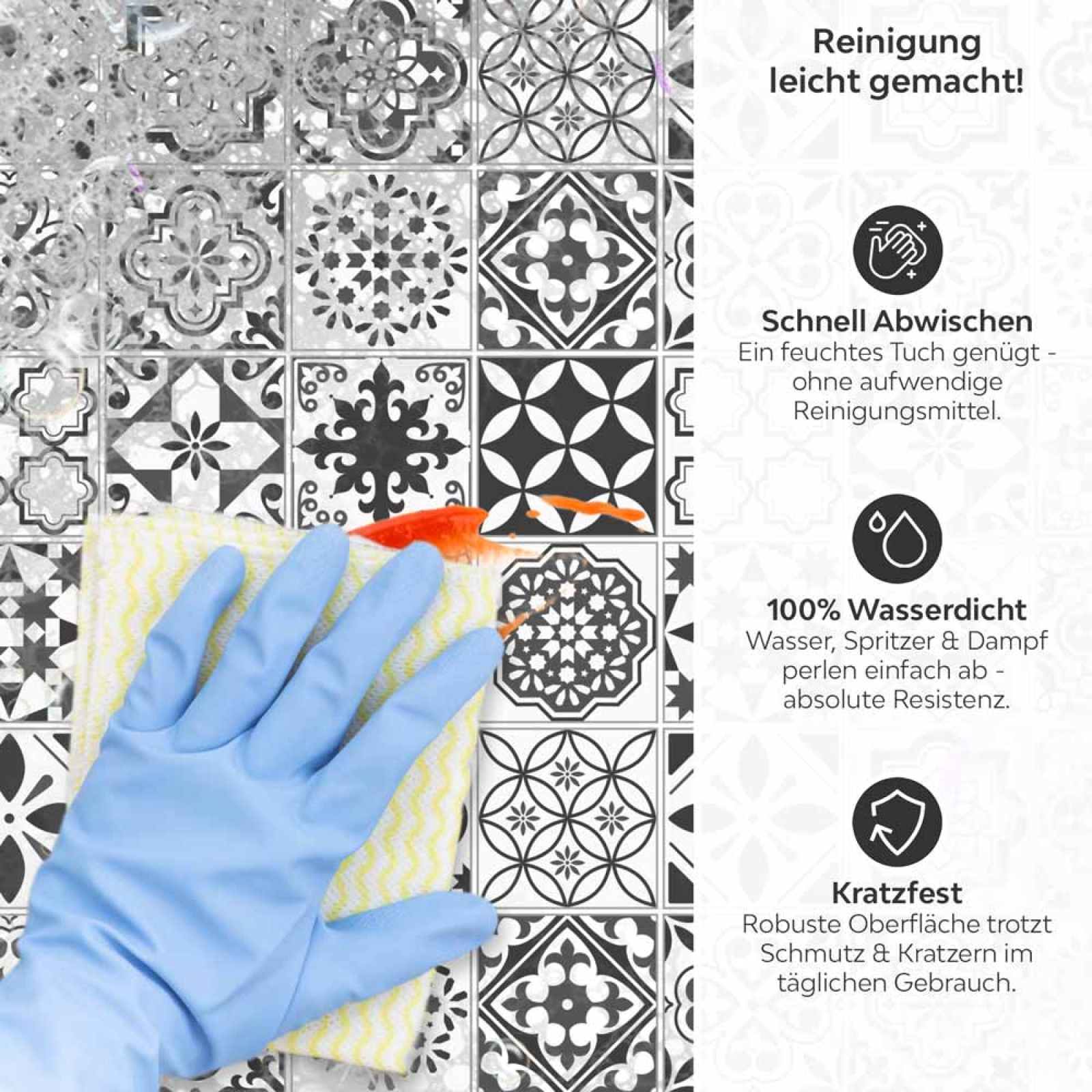 Küchenrückwand Platte Fliesenornamente in Grautönen Produktdetailbild 3: Reinigung leicht gemacht!