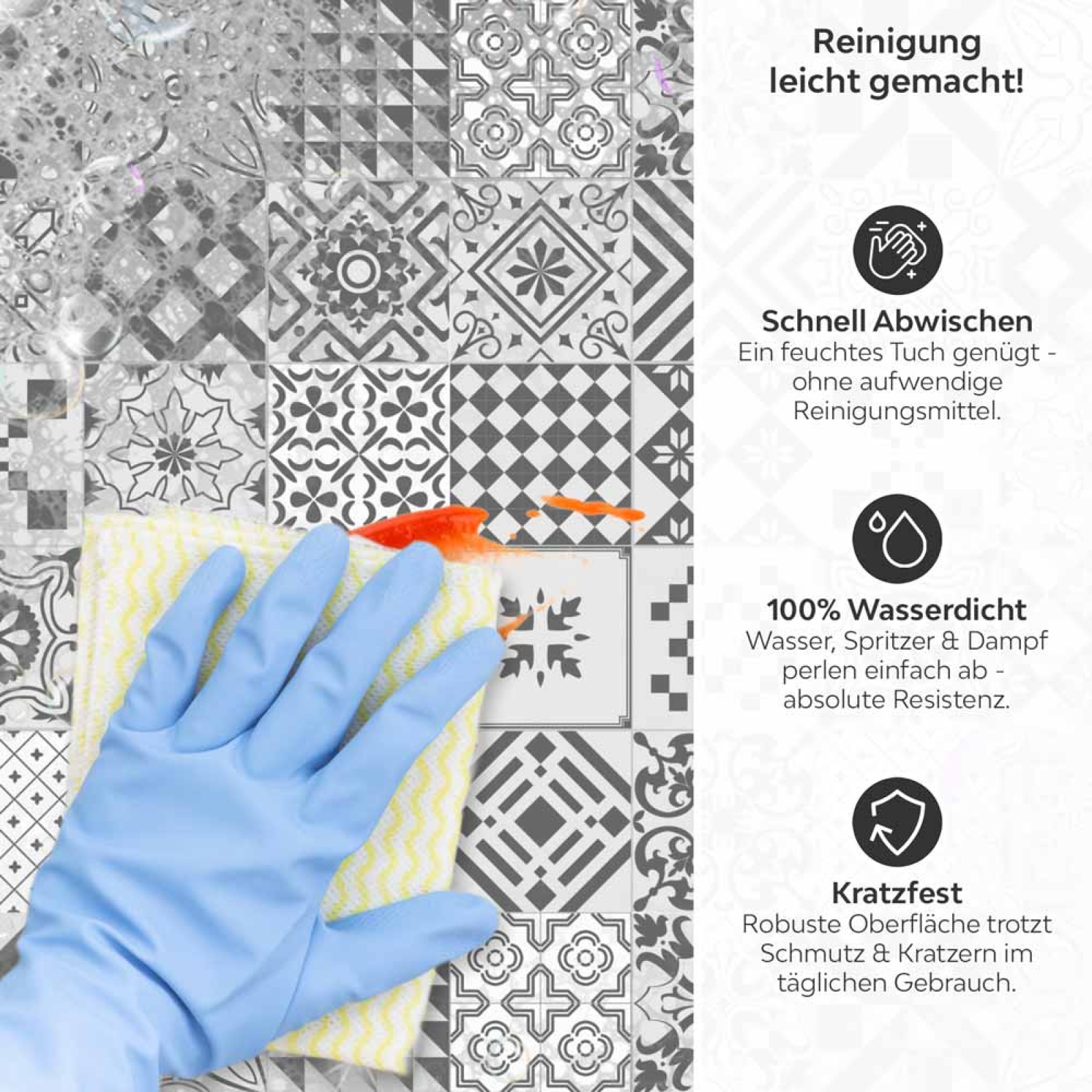 Küchenrückwand Platte Dynamisches Graues Patchwork Produktdetailbild 3: Reinigung leicht gemacht!