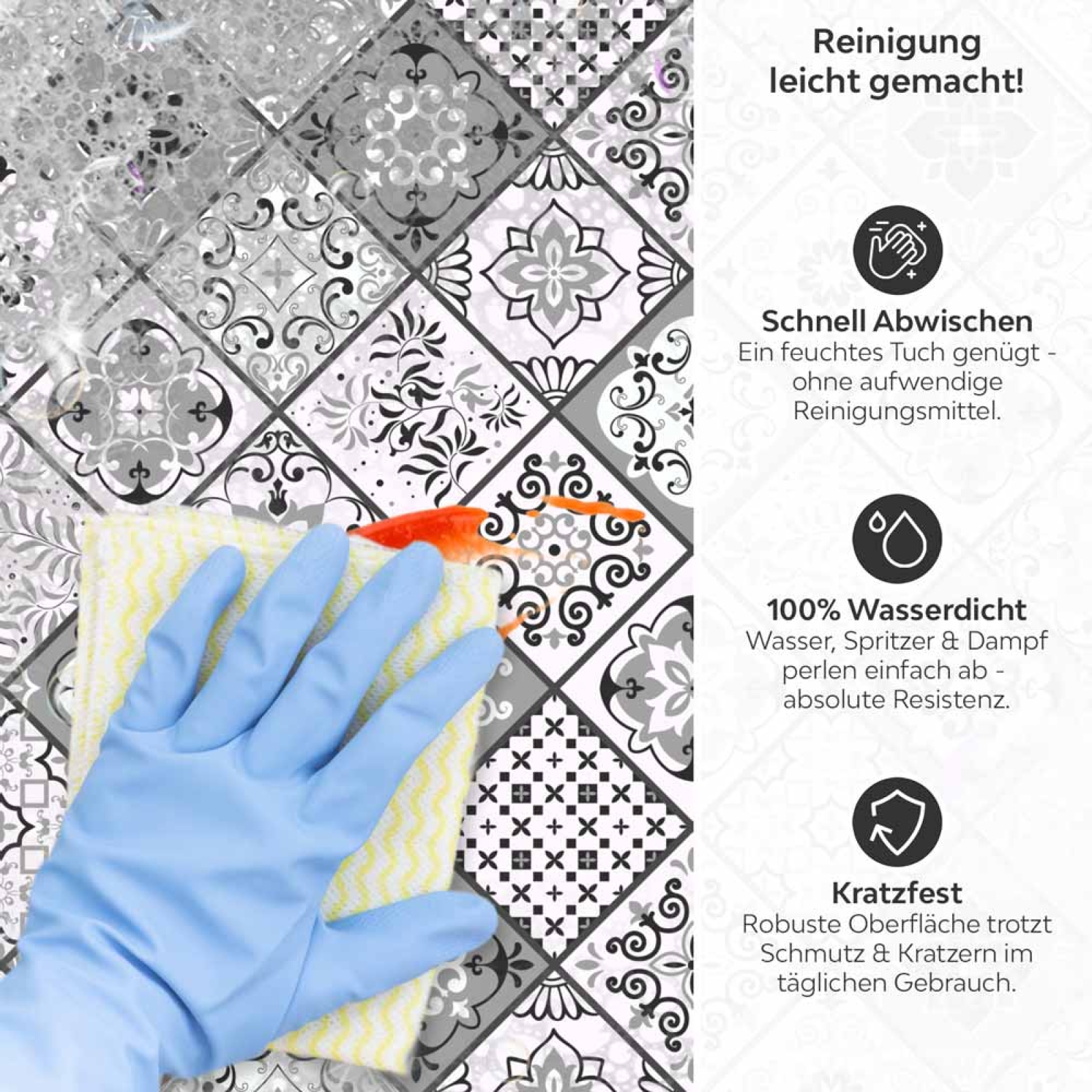 Küchenrückwand Platte Portugiesische Fliesenoptik in Graustufen Produktdetailbild 3: Reinigung leicht gemacht!