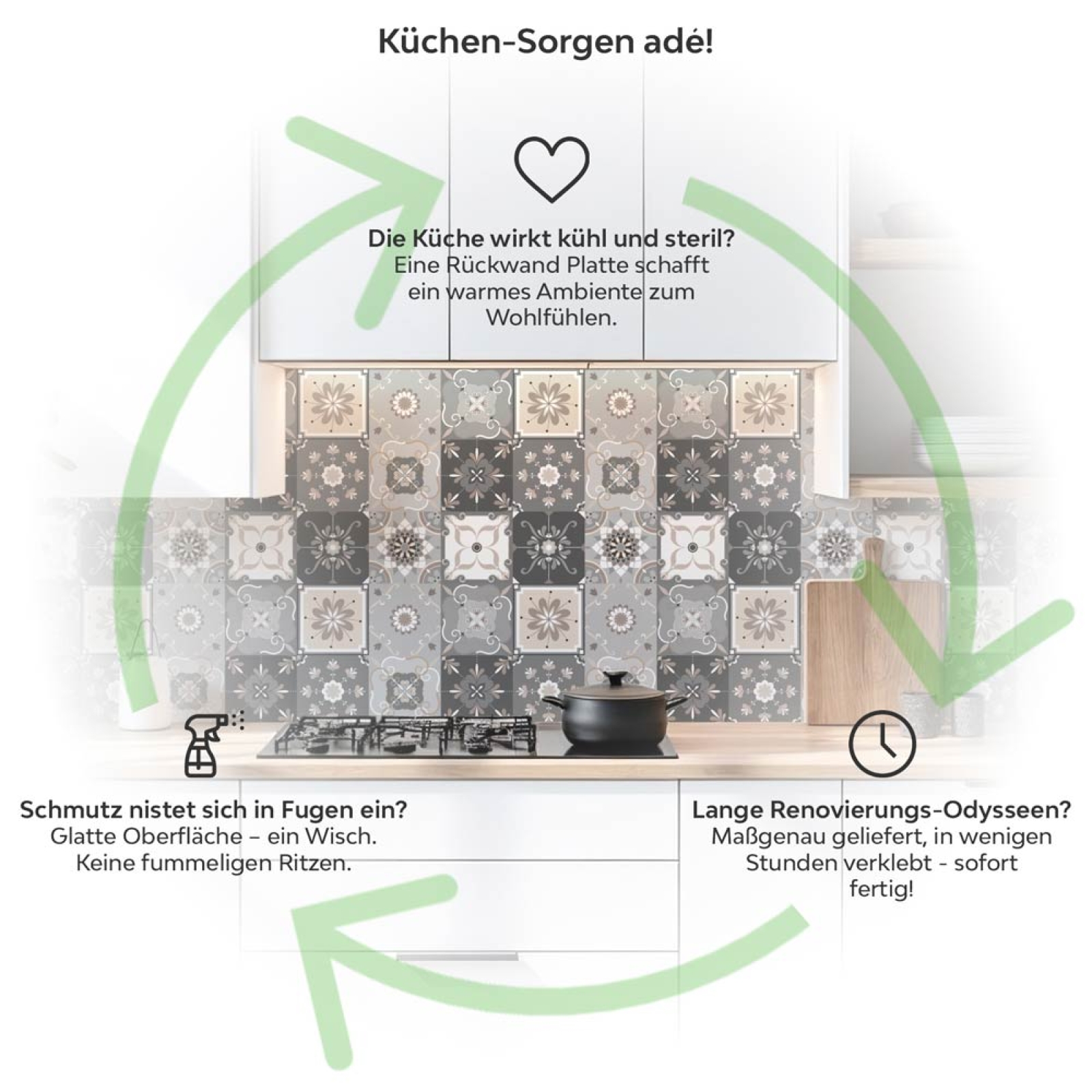 Küchenrückwand Platte Portugiesische Fliesen im Vintage Stil Produktdetailbild 1: Küchen-Sorgen ade!