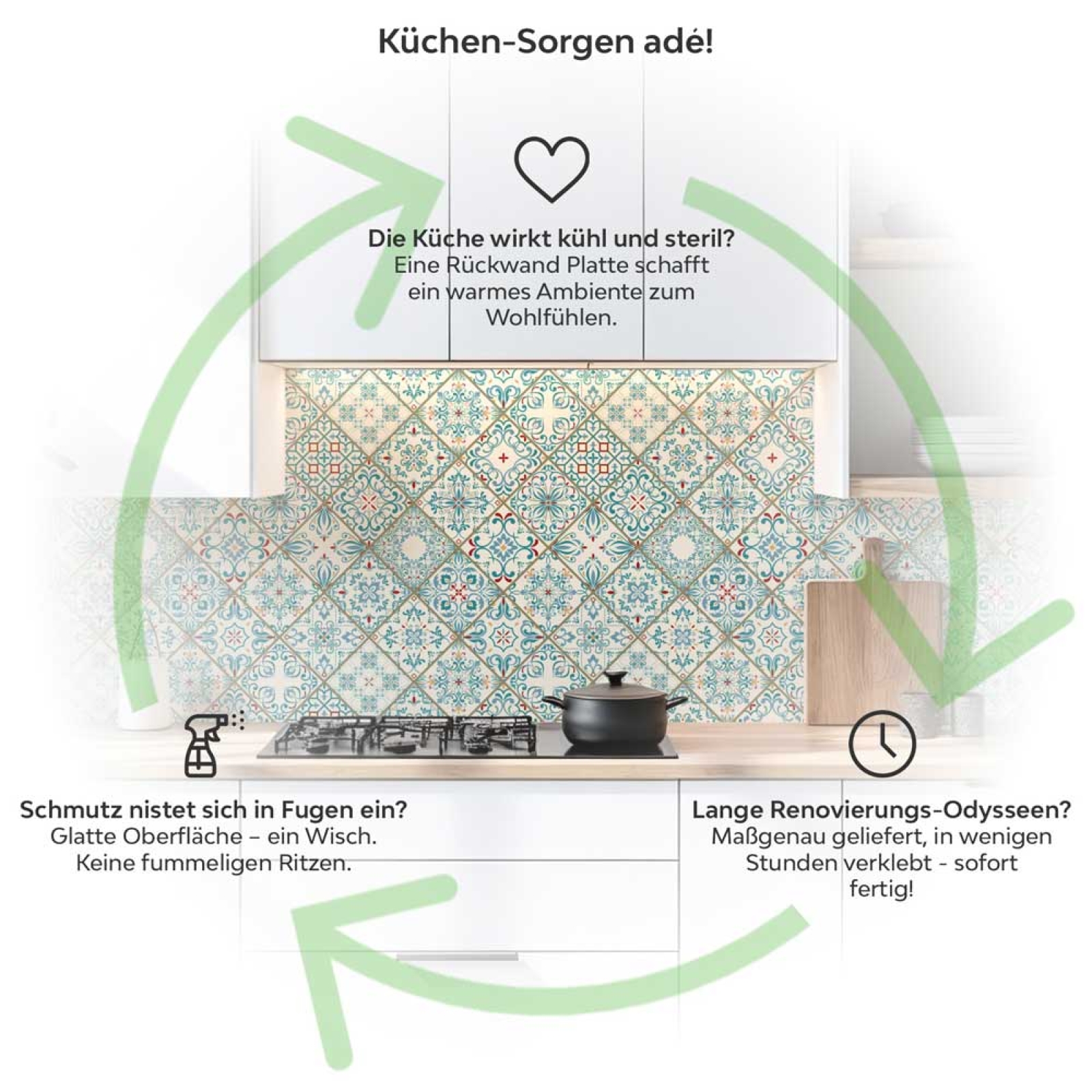 Küchenrückwand Platte Mediterrane Diamantmuster in Türkis & Rot Produktdetailbild 1: Küchen-Sorgen ade!