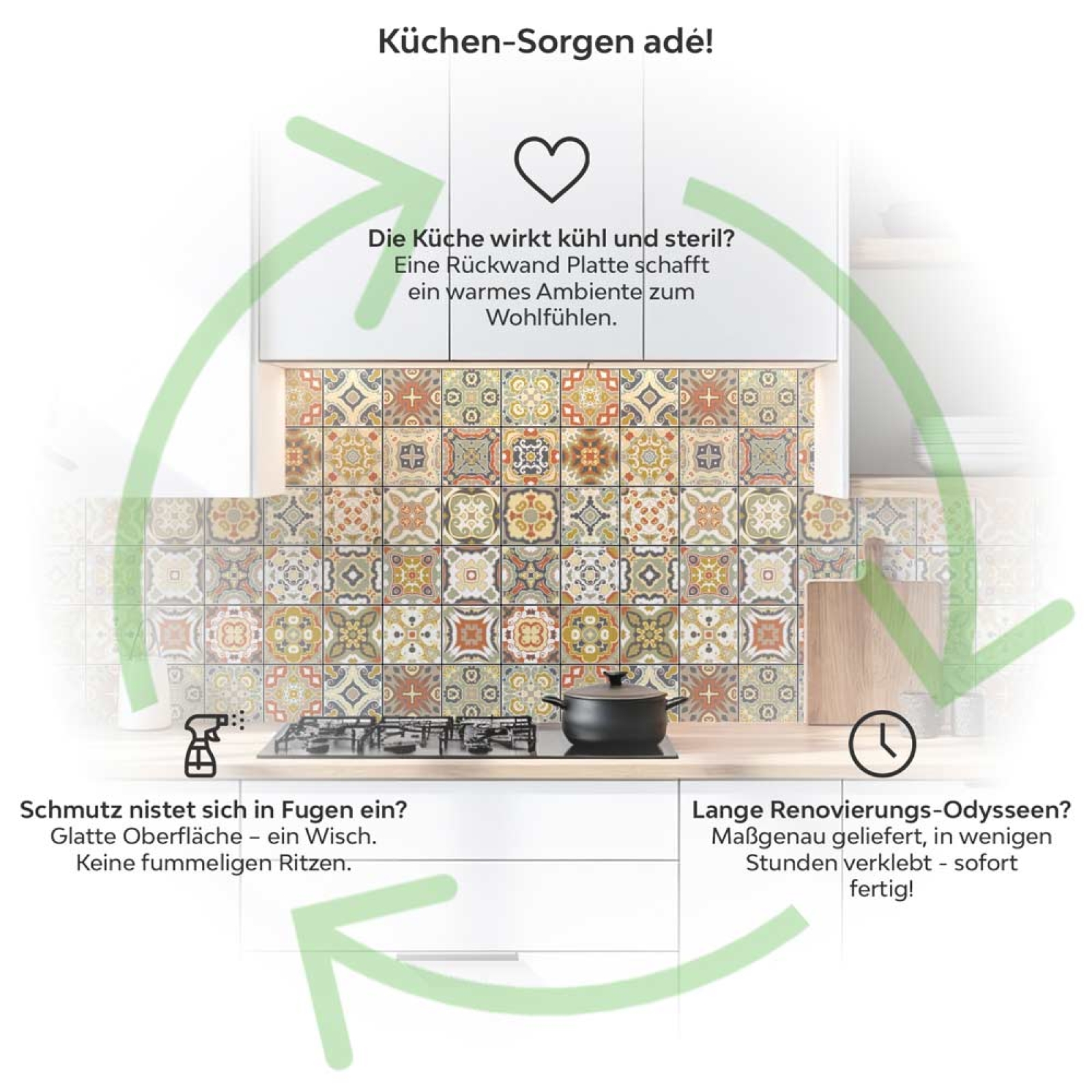 Küchenrückwand Platte Fliesenmuster in warmen Naturfarben Produktdetailbild 1: Küchen-Sorgen ade!