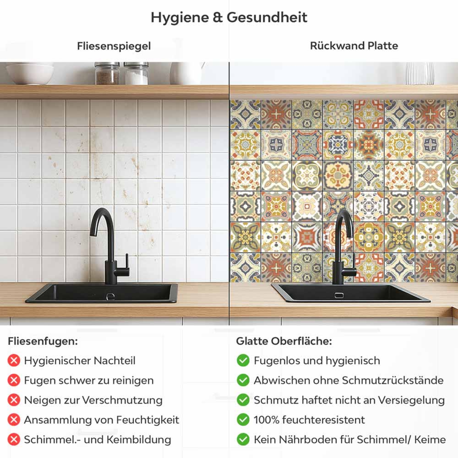 Küchenrückwand Platte Fliesenmuster in warmen Naturfarben Produktdetailbild 2: Hygiene und Gesundheit!