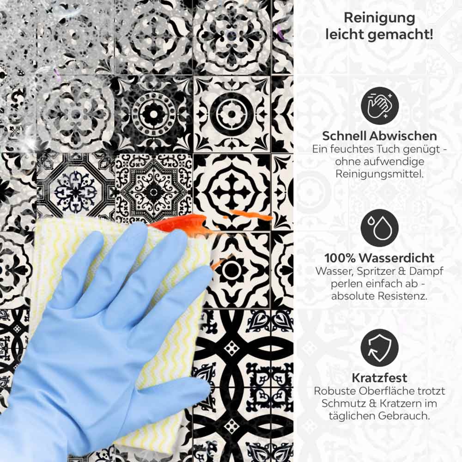 Küchenrückwand Platte Vintage Azulejo Black & White Produktdetailbild 3: Reinigung leicht gemacht!