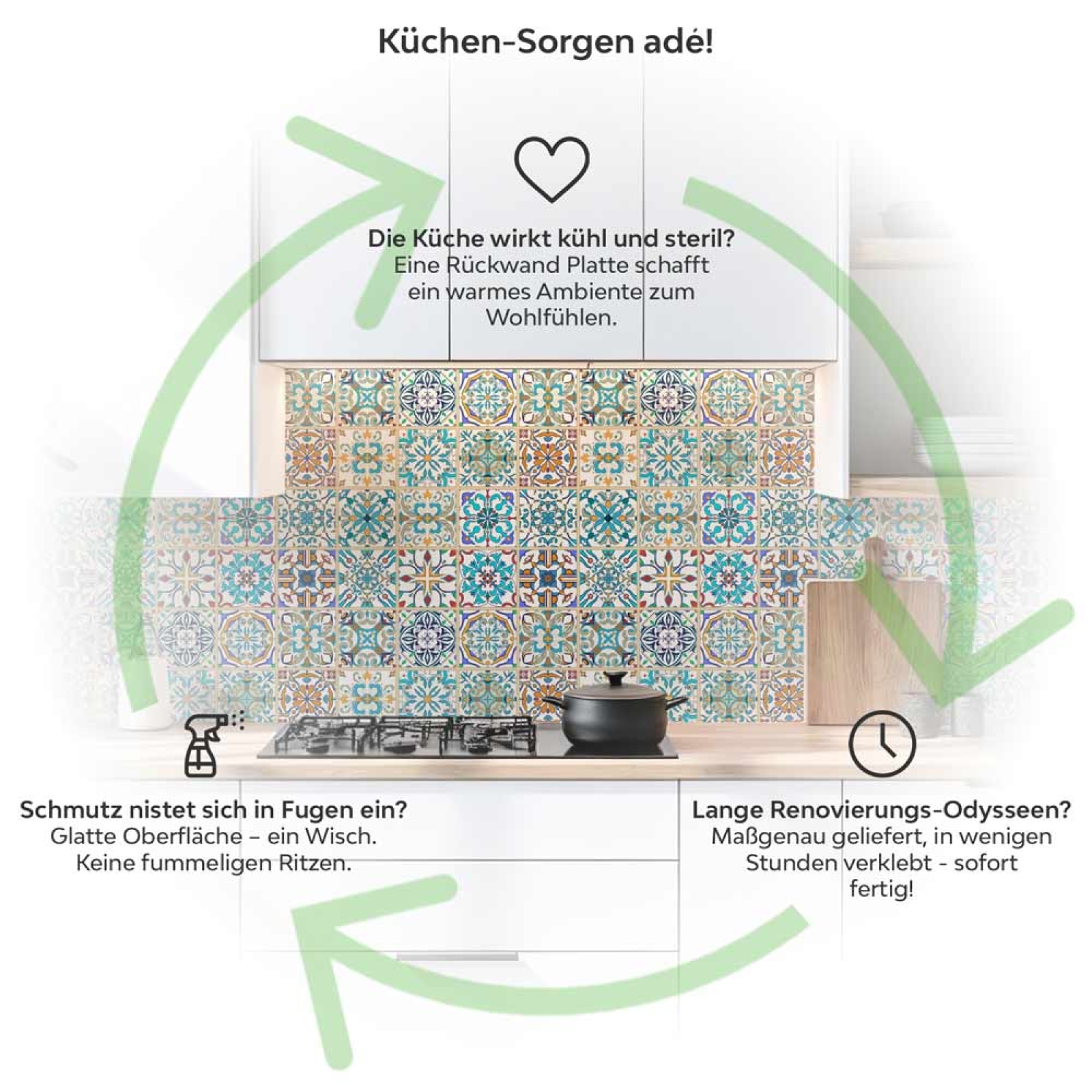 Küchenrückwand Platte Portugiesische Mediterranoptik Produktdetailbild 1: Küchen-Sorgen ade!