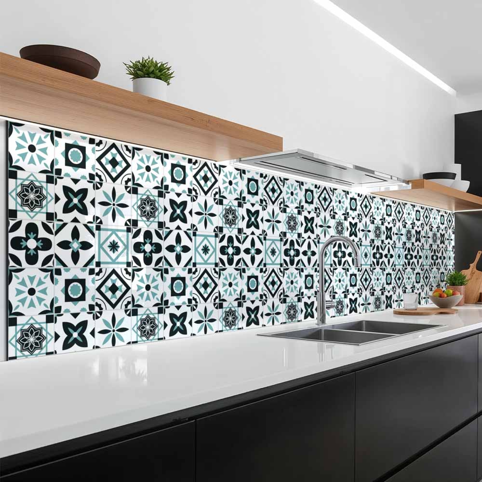 Küchenrückwand Platte Türkis Schwarz Patchwork Kachel Look Artikelbild 1