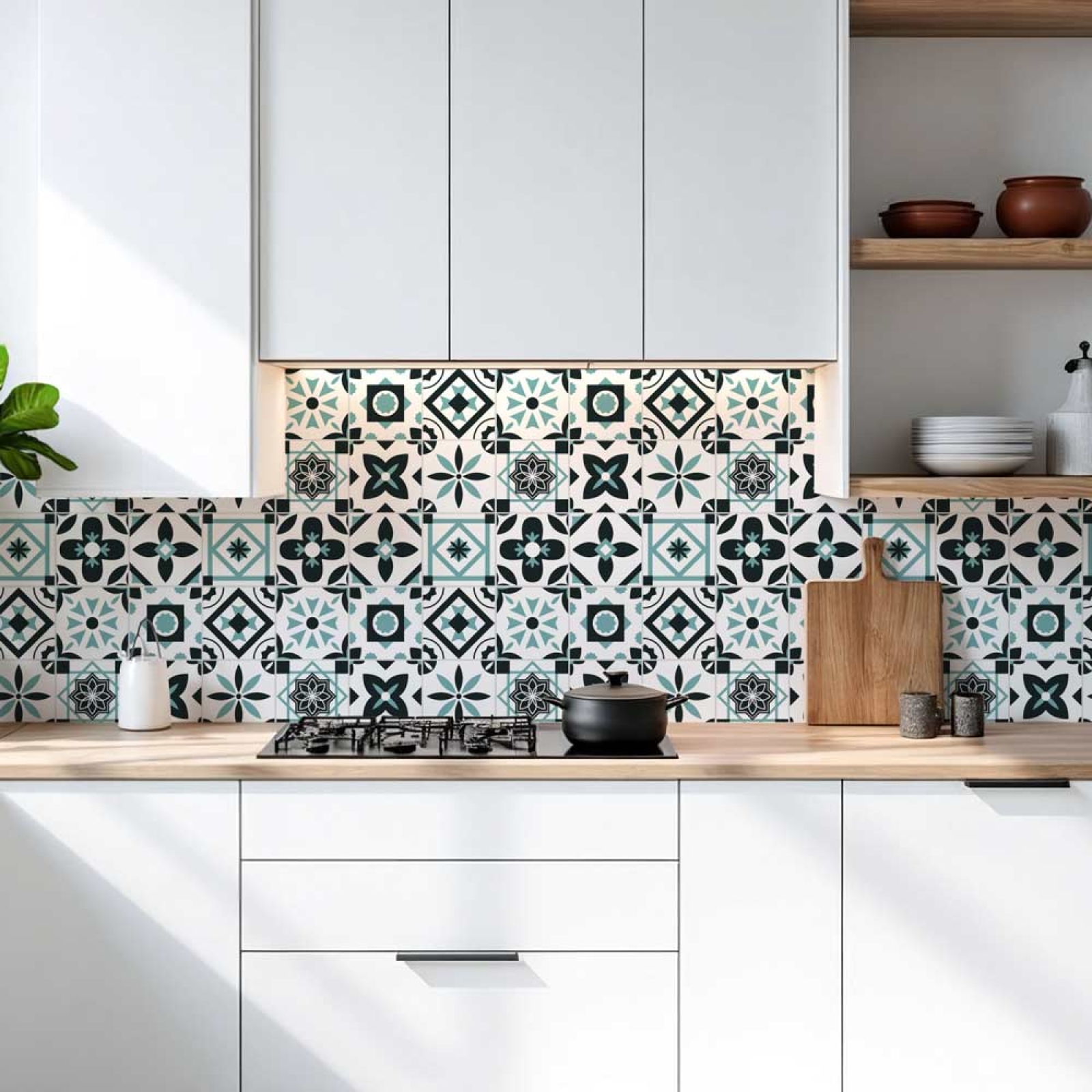 Küchenrückwand Platte Türkis Schwarz Patchwork Kachel Look Hauptbild 1