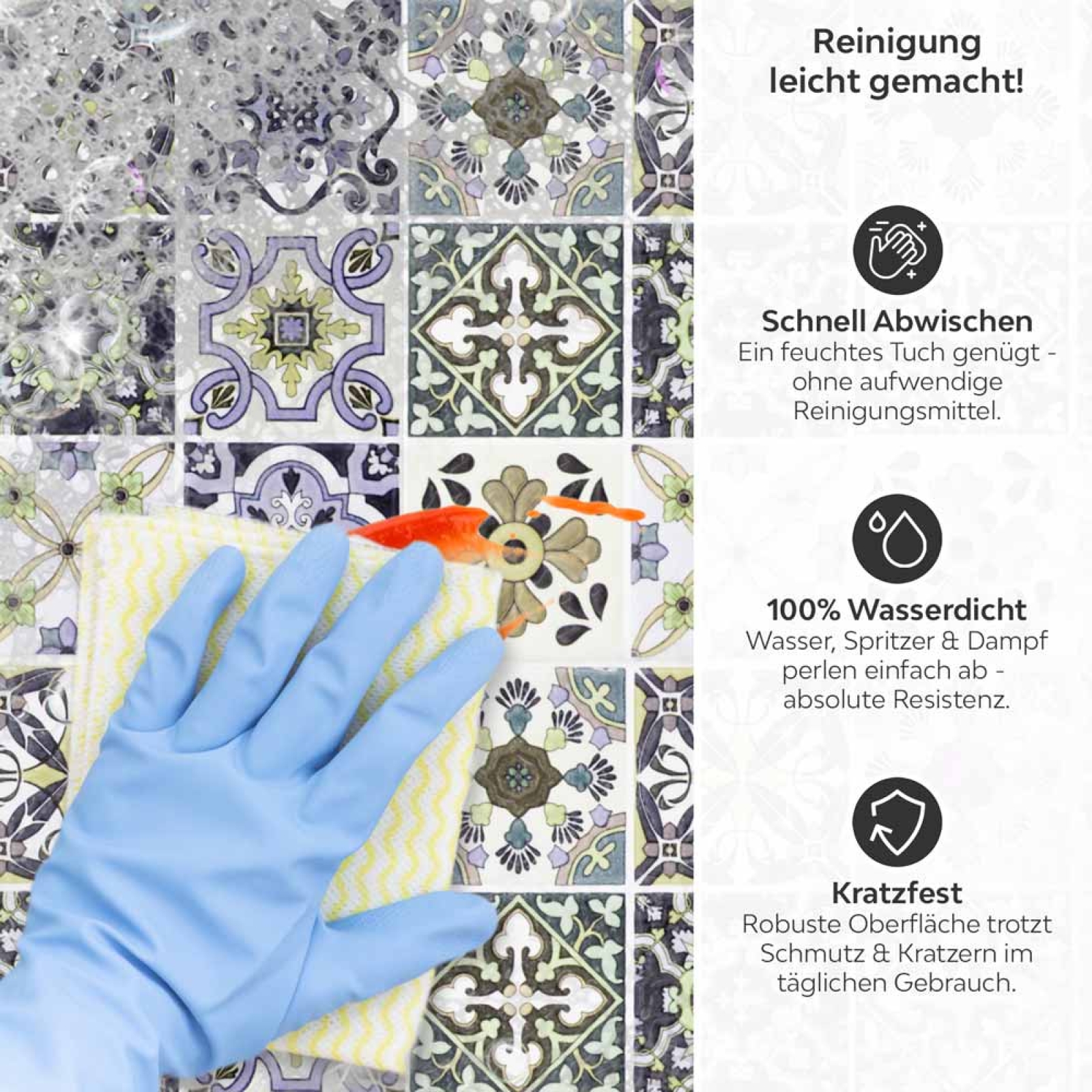 Küchenrückwand Platte Lavendel‑Olive Mosaik im Azulejo‑Stil Produktdetailbild 3: Reinigung leicht gemacht!