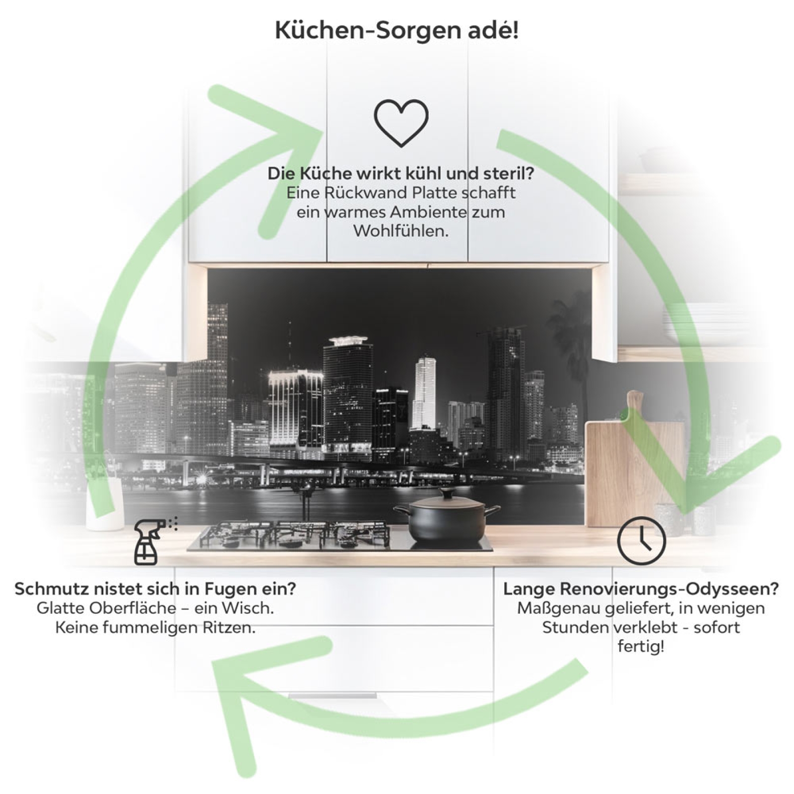Küchenrückwand Platte Stadt bei Nacht Produktdetailbild 1: Küchen-Sorgen ade!