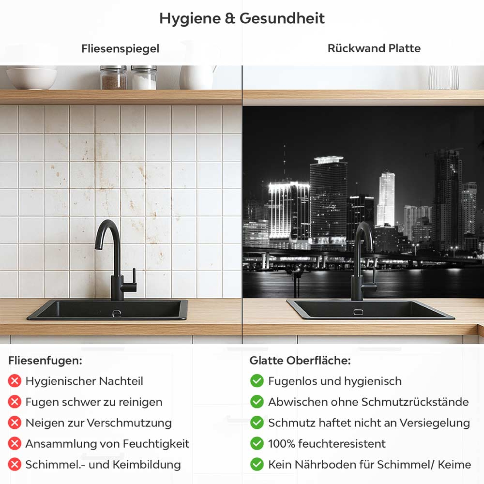Küchenrückwand Platte Stadt bei Nacht Produktdetailbild 2: Hygiene und Gesundheit!