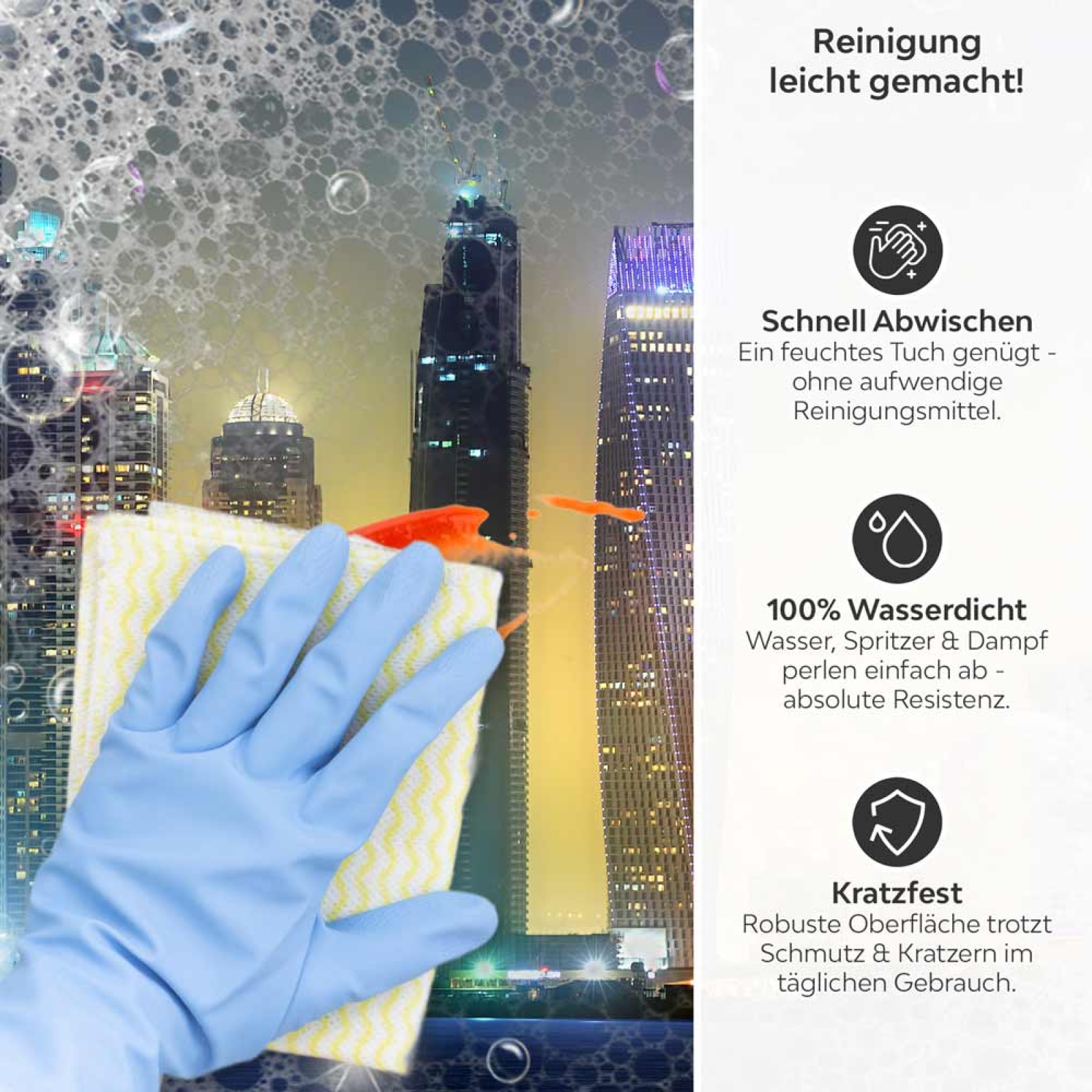 Küchenrückwand Platte Skylines im Schimmer der Nacht Produktdetailbild 3: Reinigung leicht gemacht!