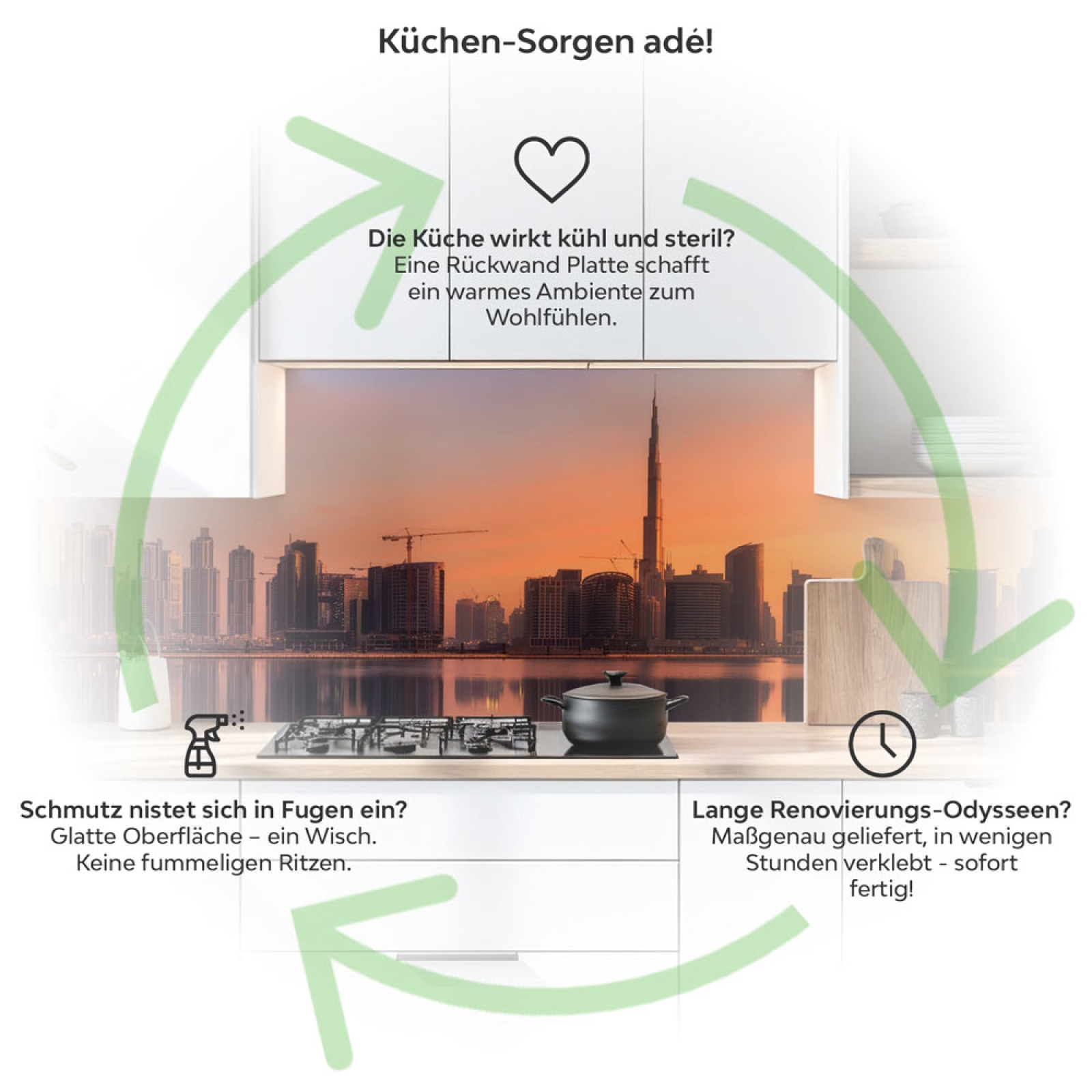 Küchenrückwand Platte Skylines im Morgenrot Produktdetailbild 1: Küchen-Sorgen ade!