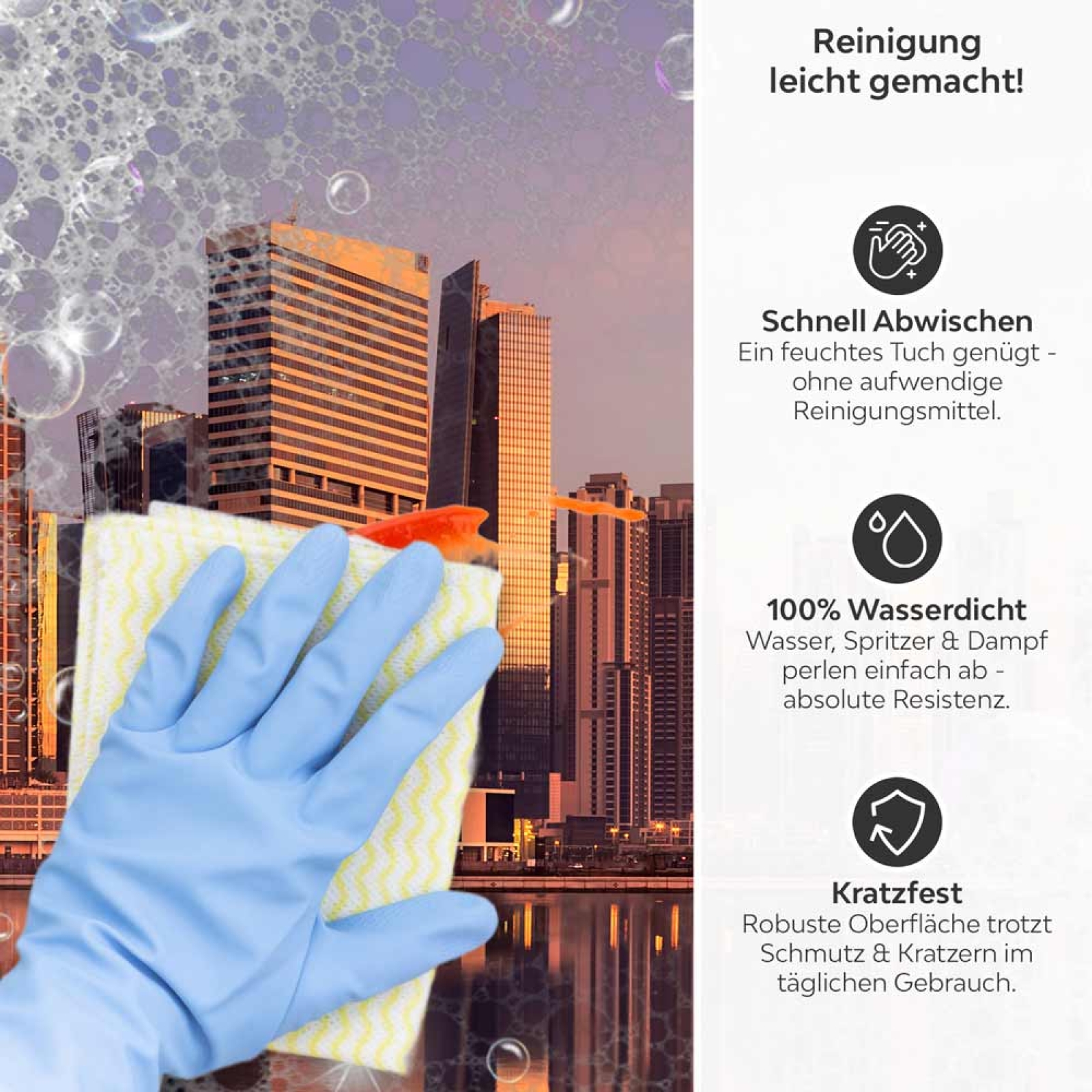 Küchenrückwand Platte Skylines im Morgenrot Produktdetailbild 3: Reinigung leicht gemacht!