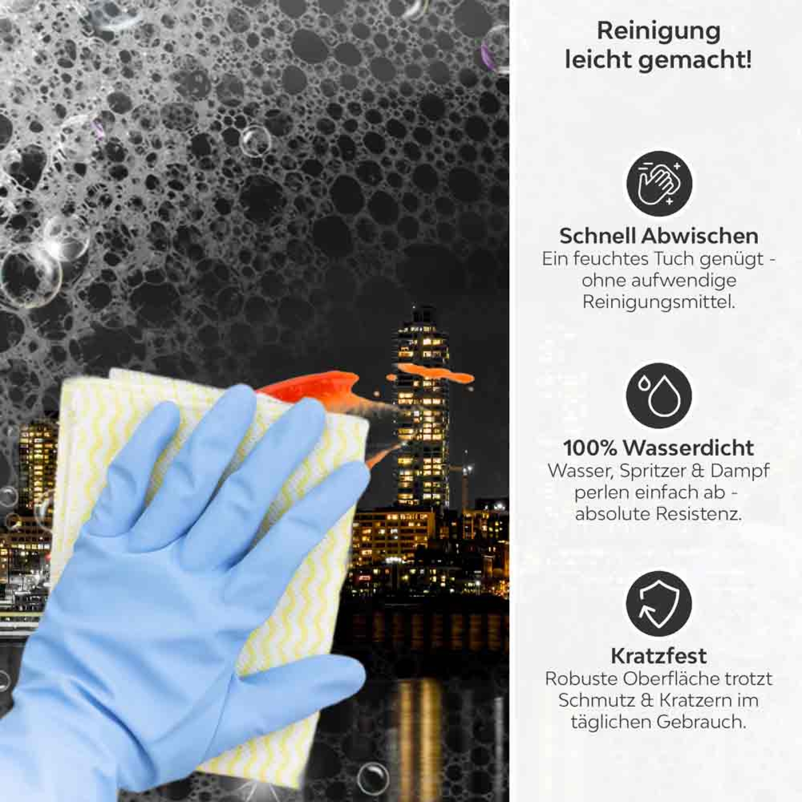 Küchenrückwand Platte Skylines-Lichter im Spiegel des Sees Produktdetailbild 3: Reinigung leicht gemacht!