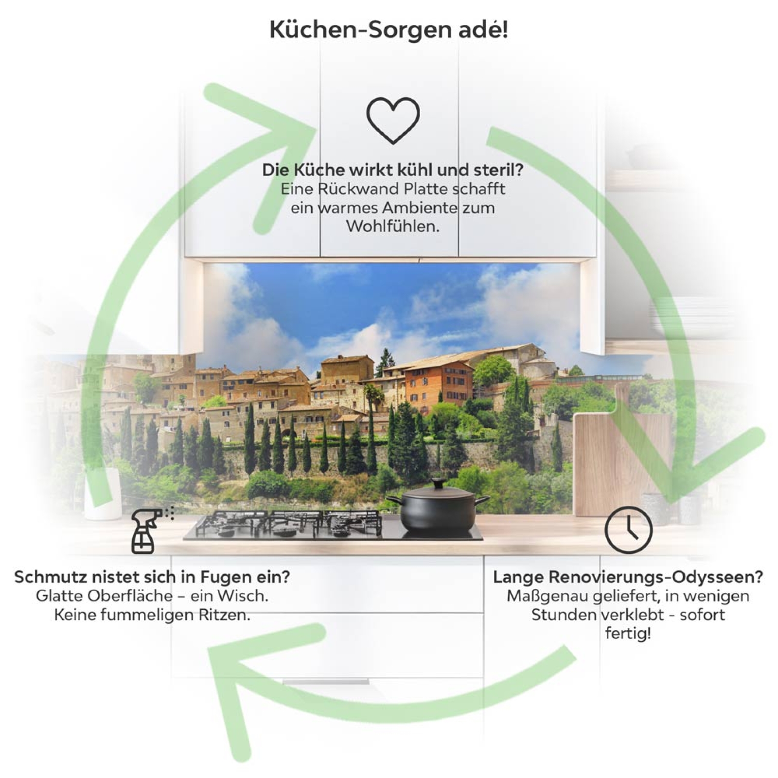 Küchenrückwand Platte Altstadt mit mediterranem Charme Produktdetailbild 1: Küchen-Sorgen ade!