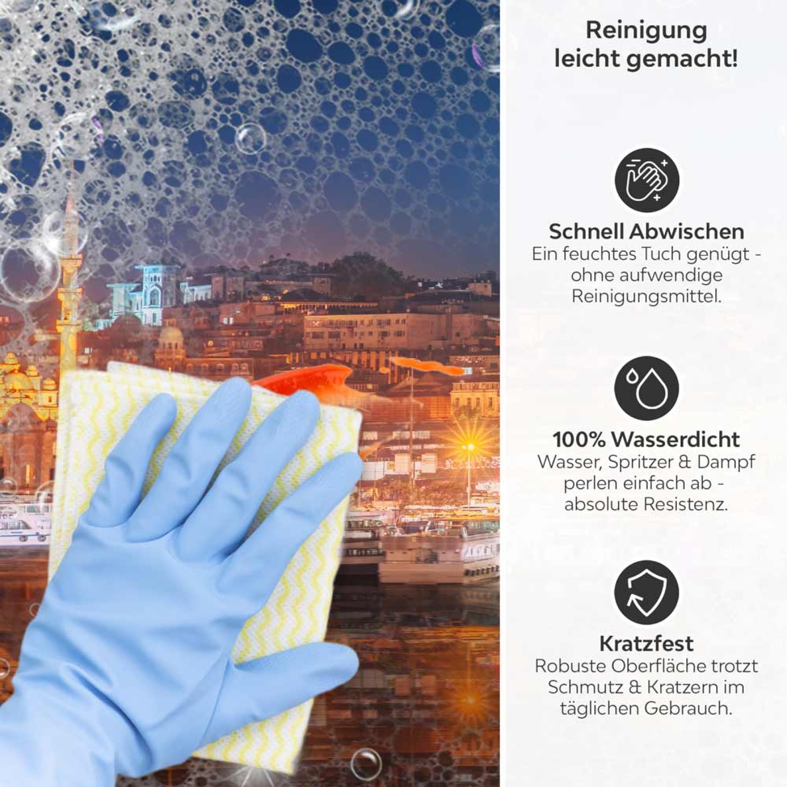 Küchenrückwand Platte Bosporus bei Nacht Produktdetailbild 3: Reinigung leicht gemacht!