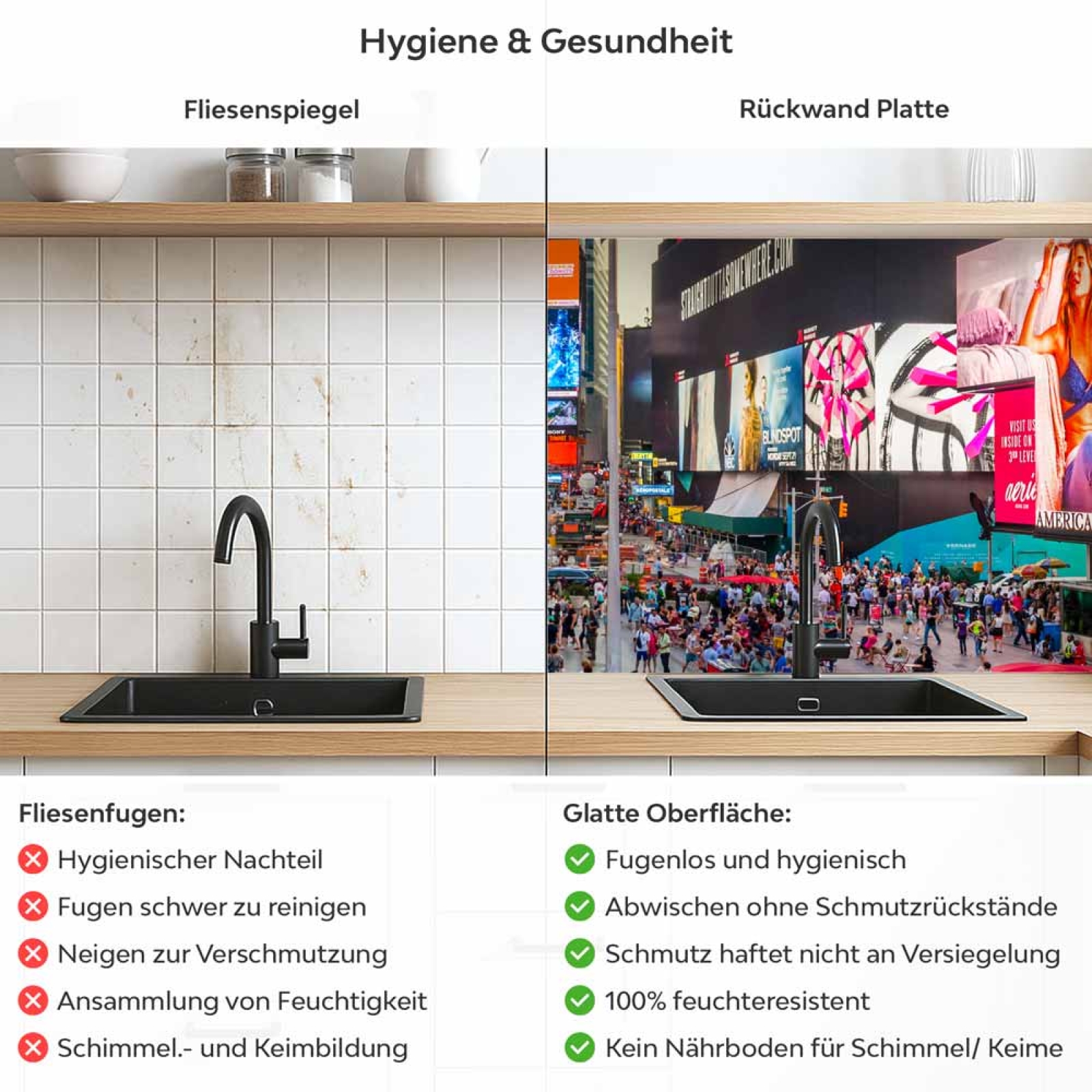 Küchenrückwand Platte Time Square bei Nacht Produktdetailbild 2: Hygiene und Gesundheit!