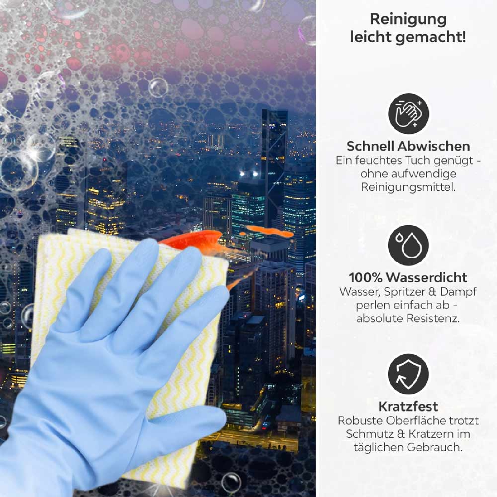 Küchenrückwand Platte Megametropolen Panorama Produktdetailbild 3: Reinigung leicht gemacht!