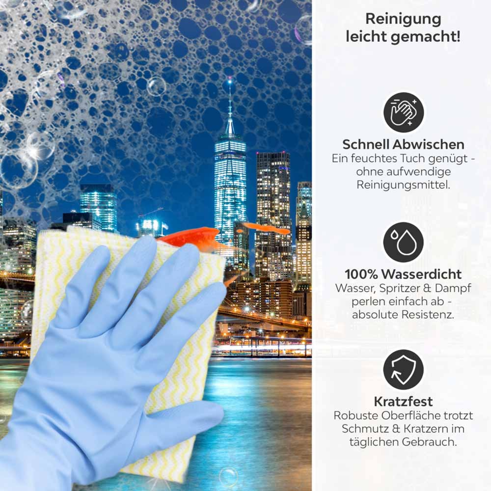 Küchenrückwand Platte Nächtliche Perspektive zur Stadt Produktdetailbild 3: Reinigung leicht gemacht!
