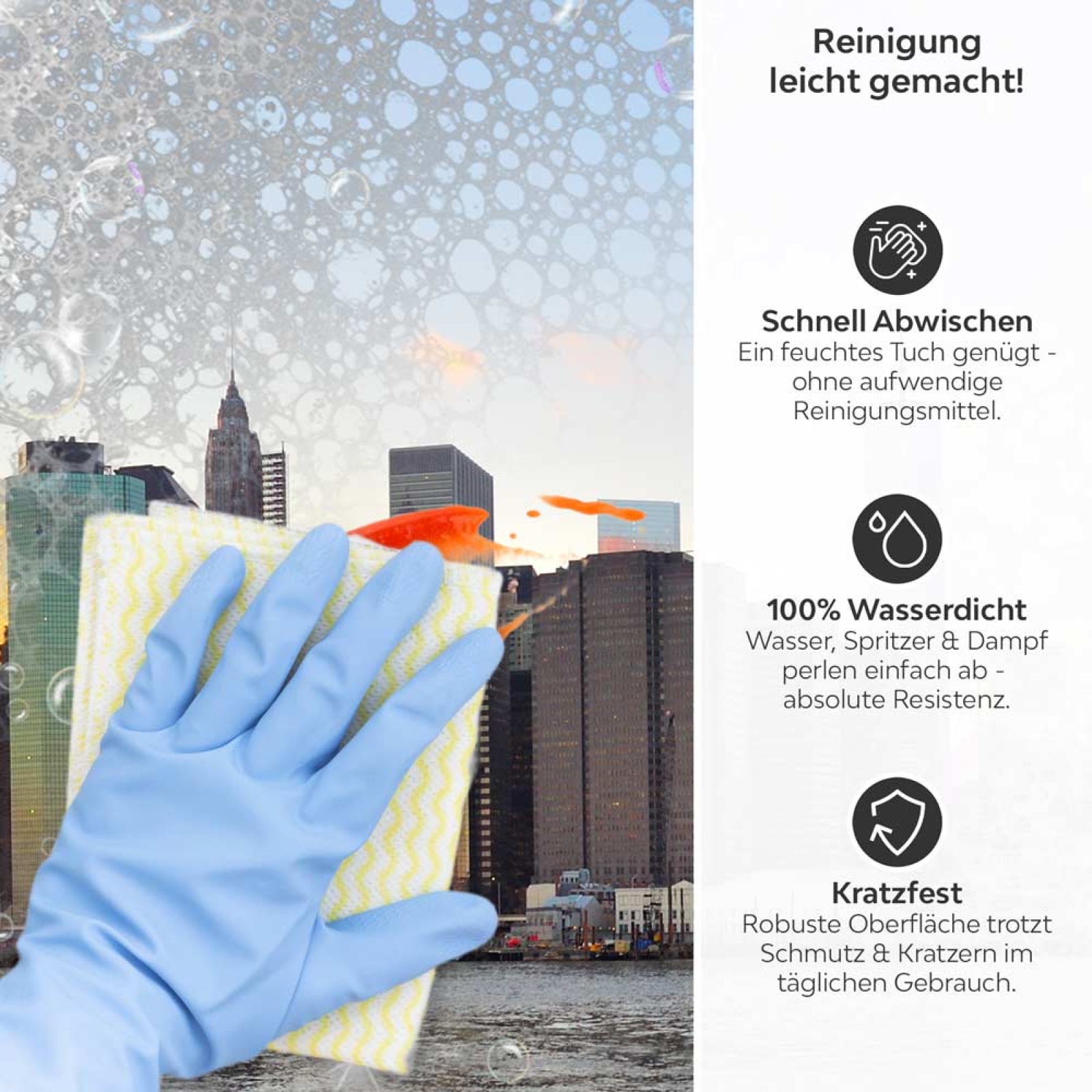 Küchenrückwand Platte New York bei Tagesanbruch Produktdetailbild 3: Reinigung leicht gemacht!