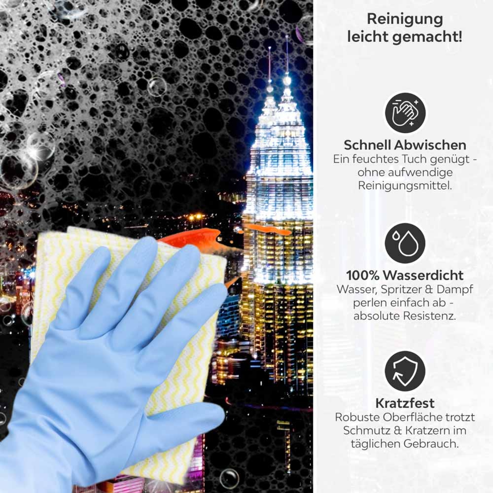 Küchenrückwand Platte Lichter der Großstadt Produktdetailbild 3: Reinigung leicht gemacht!