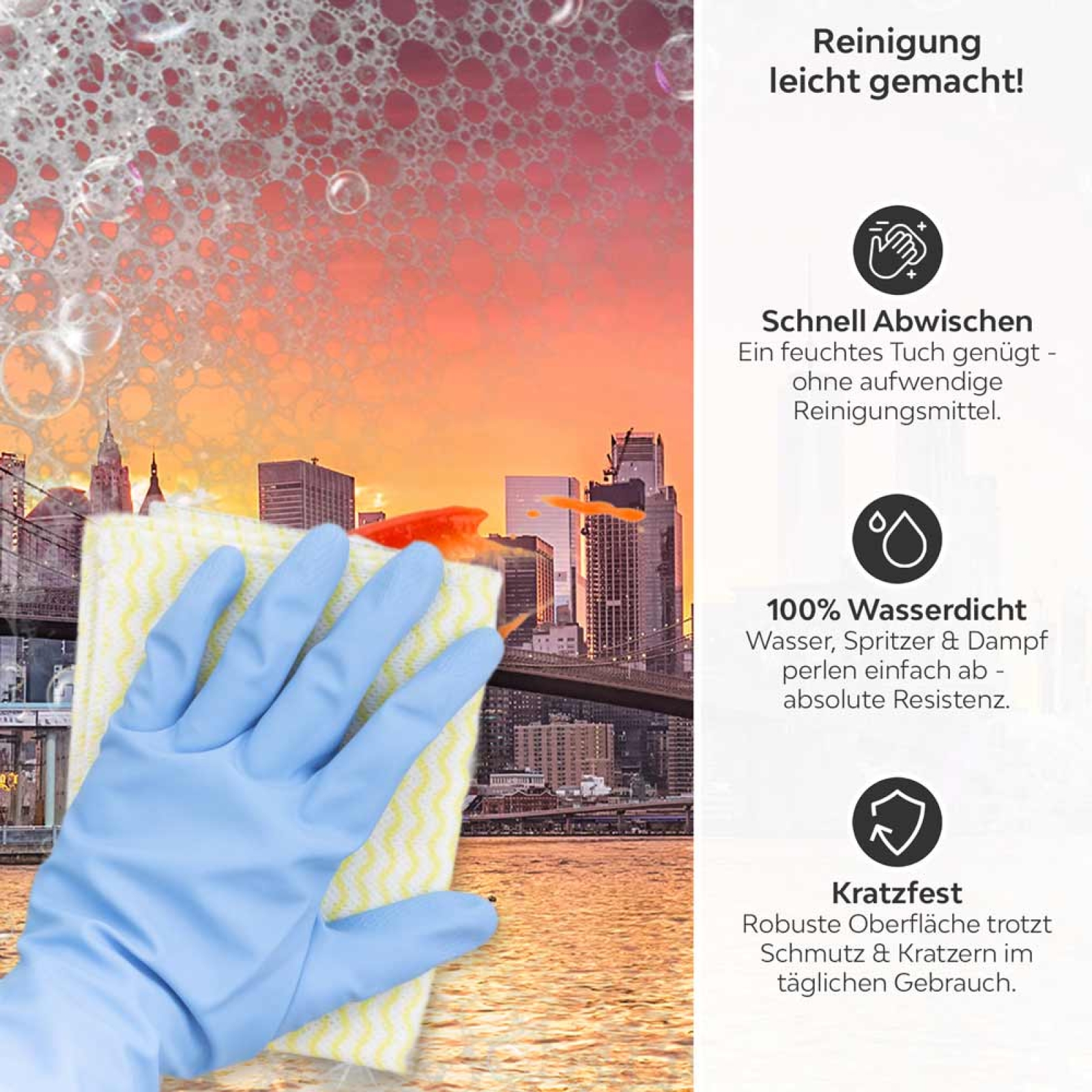 Küchenrückwand Platte Stadtbrücke bei Anbruch der Dämmerung Produktdetailbild 3: Reinigung leicht gemacht!