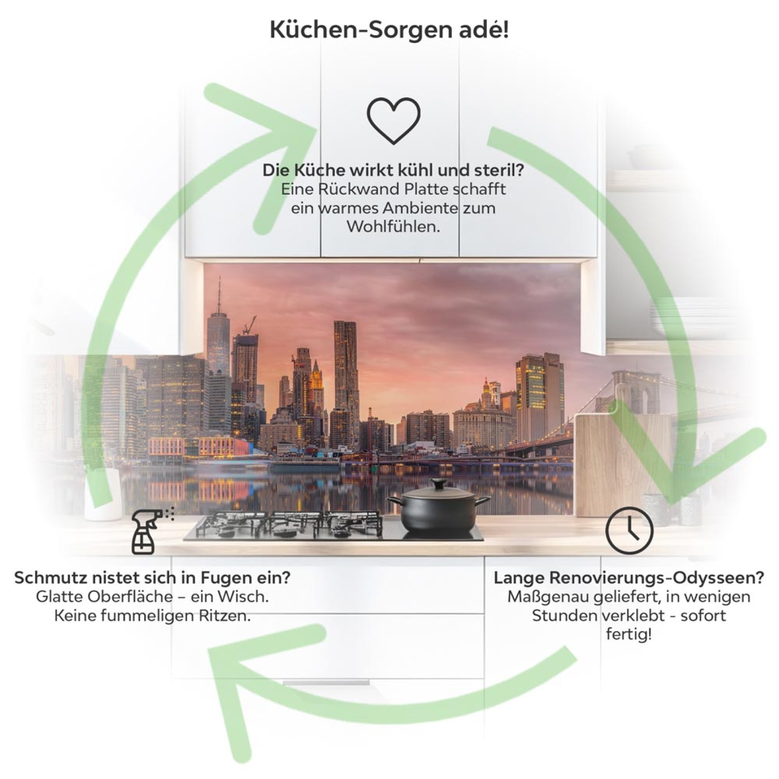 Küchenrückwand Platte Zwei Brücken im Abendrot Schein Produktdetailbild 1: Küchen-Sorgen ade!