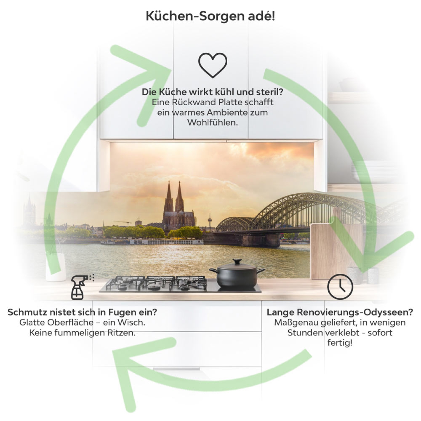 Küchenrückwand Platte Rheinblick auf die Architektonische Schönheit Kölns Produktdetailbild 1: Küchen-Sorgen ade!