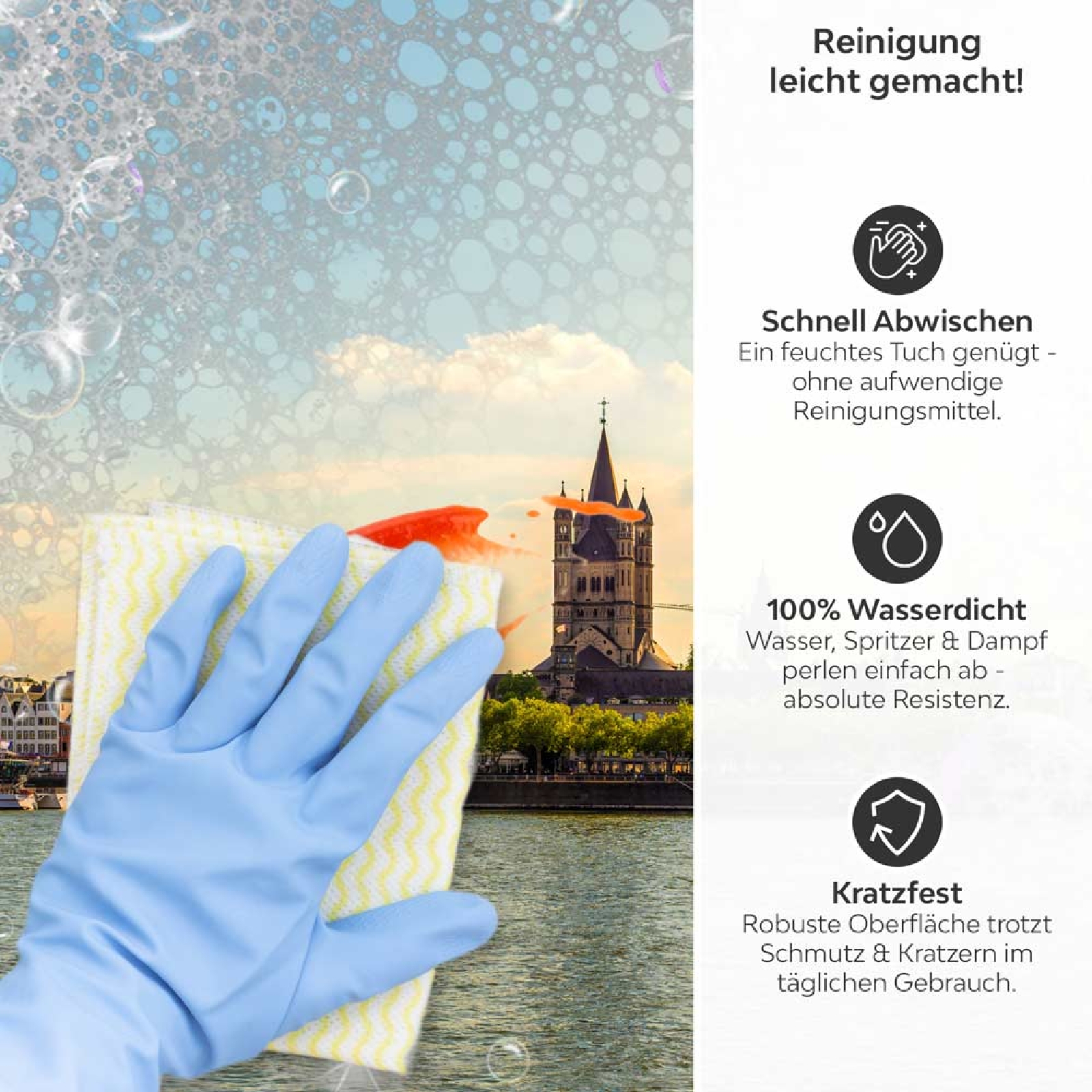 Küchenrückwand Platte Rheinblick auf die Architektonische Schönheit Kölns Produktdetailbild 3: Reinigung leicht gemacht!