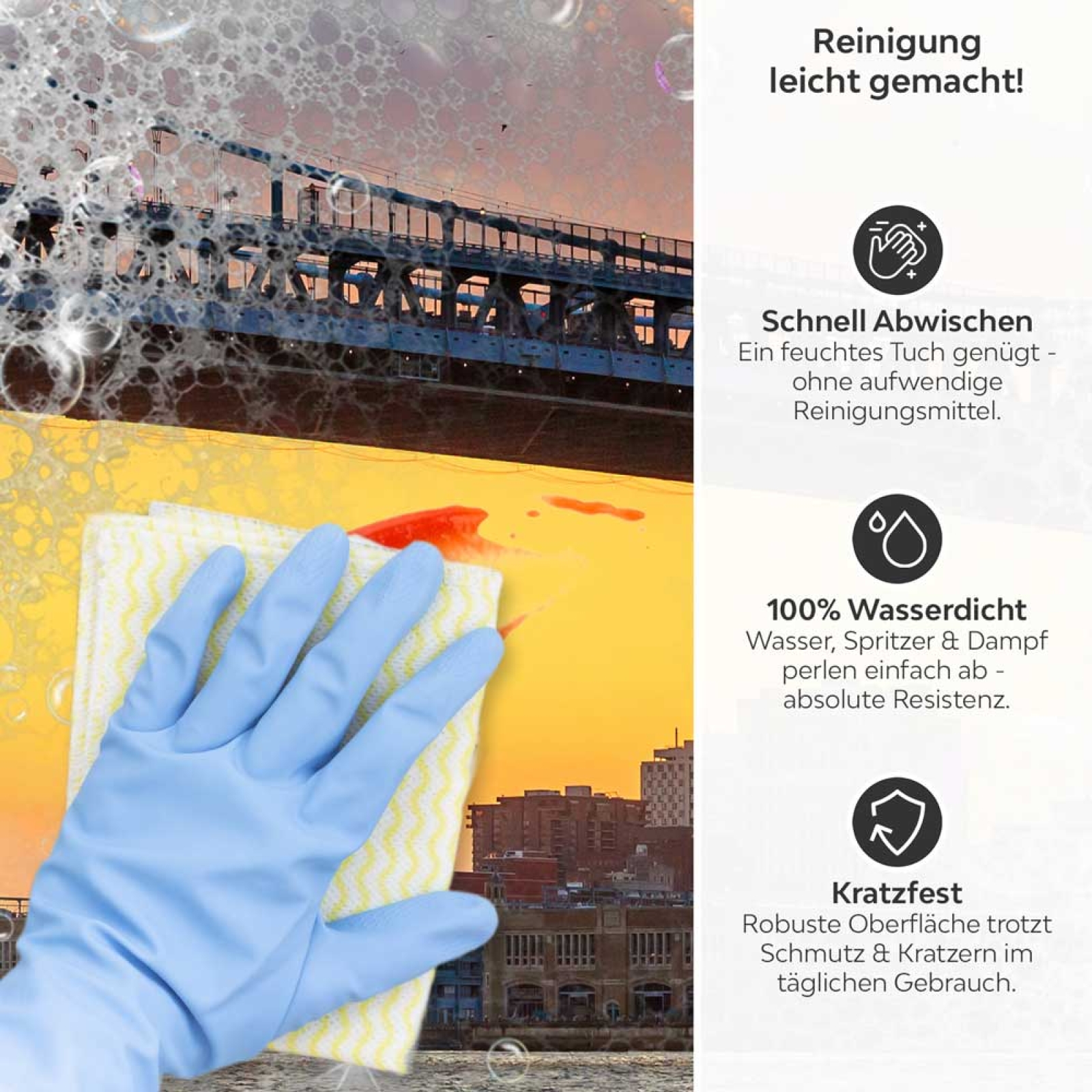 Küchenrückwand Platte Brücke zur Metropole im Feurigem Licht Produktdetailbild 3: Reinigung leicht gemacht!