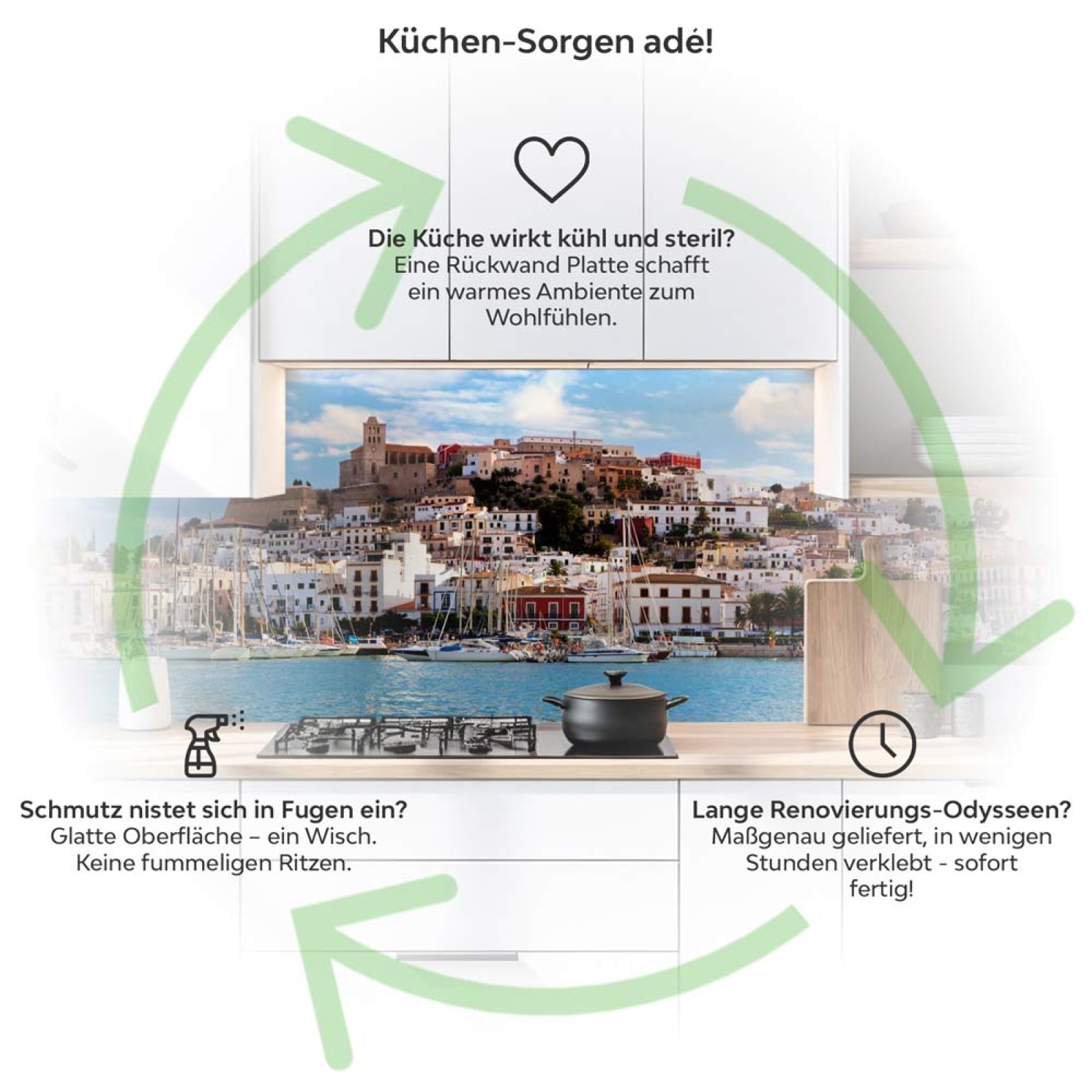 Küchenrückwand Platte Hafen im Mittelmeer Produktdetailbild 1: Küchen-Sorgen ade!