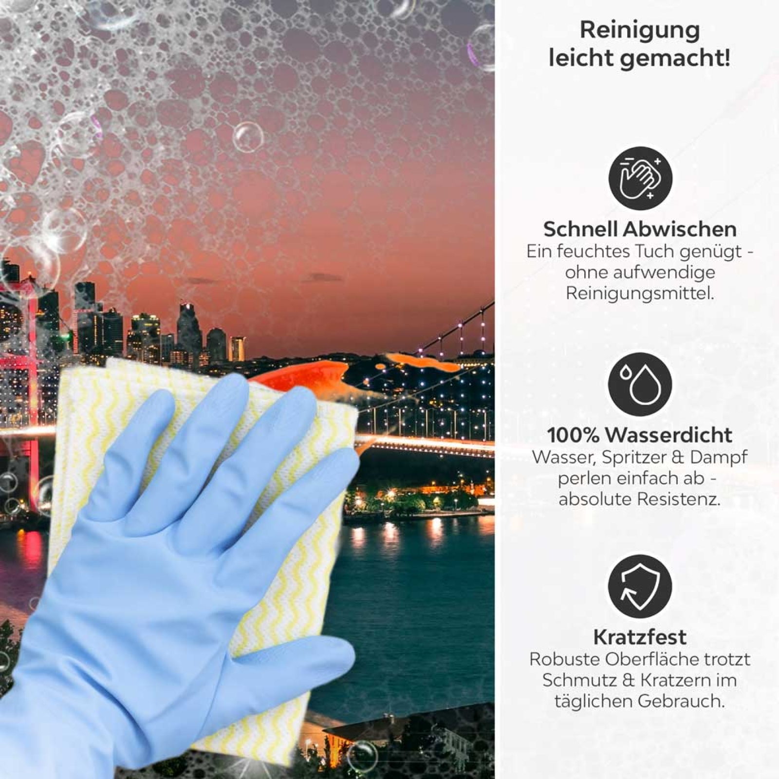 Küchenrückwand Platte Bosporus Brücke bei Nächtlicher Pracht Produktdetailbild 3: Reinigung leicht gemacht!