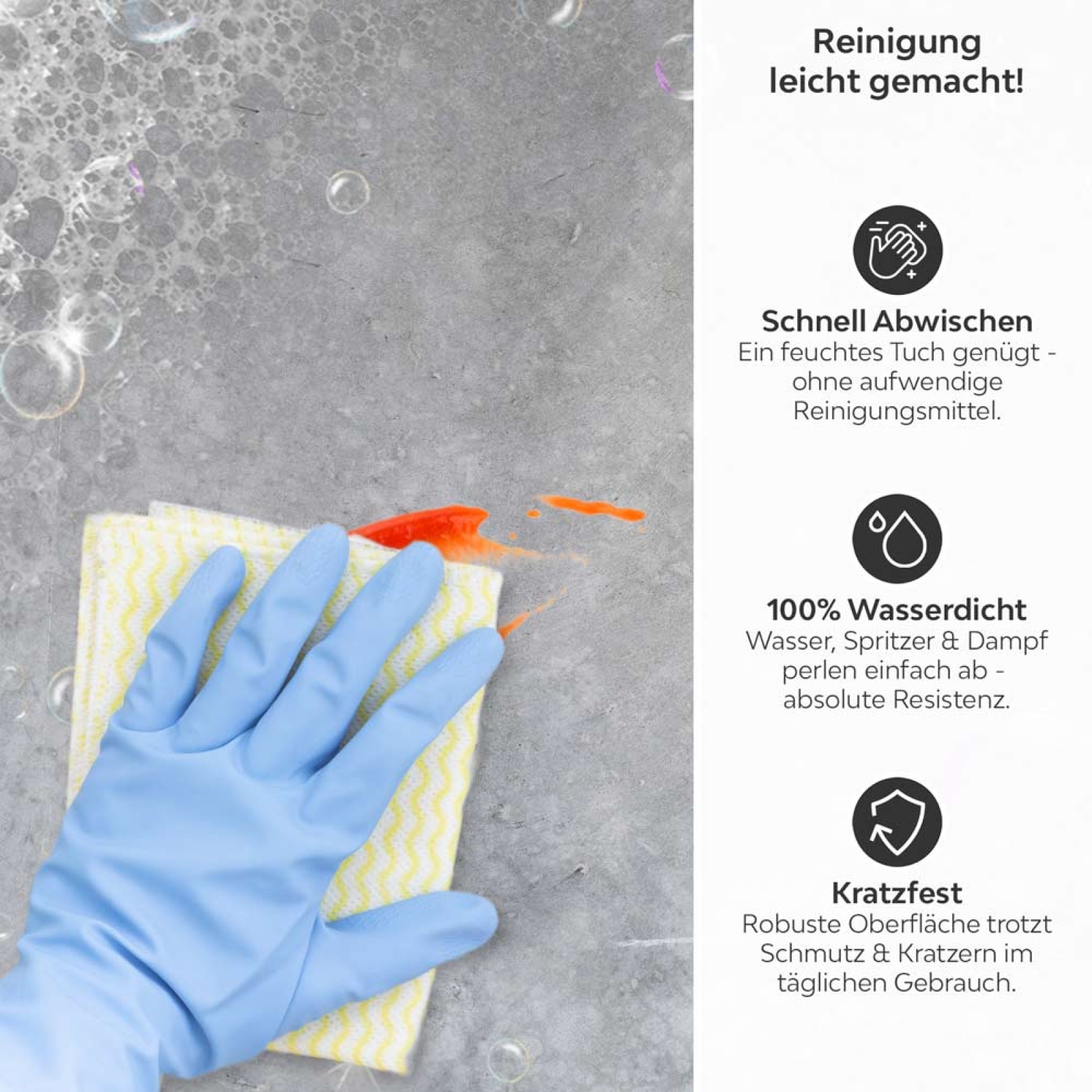 Küchenrückwand Platte Betonstruktur Produktdetailbild 3: Reinigung leicht gemacht!