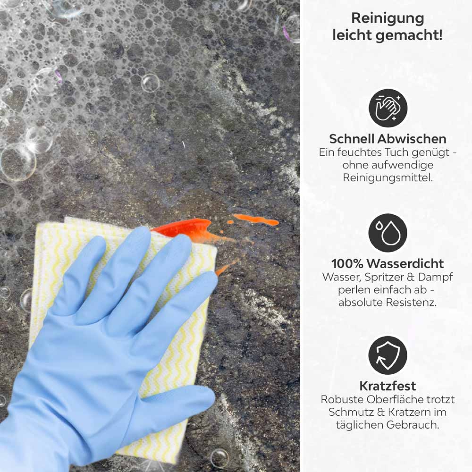 Küchenrückwand Platte Industrielles Rostbeton‑Design Produktdetailbild 3: Reinigung leicht gemacht!