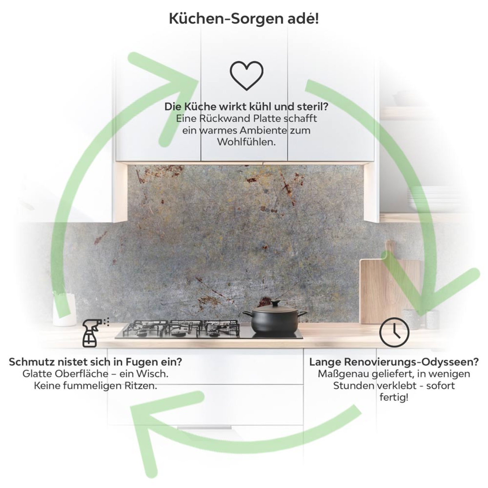 Küchenrückwand Platte Industrial Loft Beton Rost Produktdetailbild 1: Küchen-Sorgen ade!